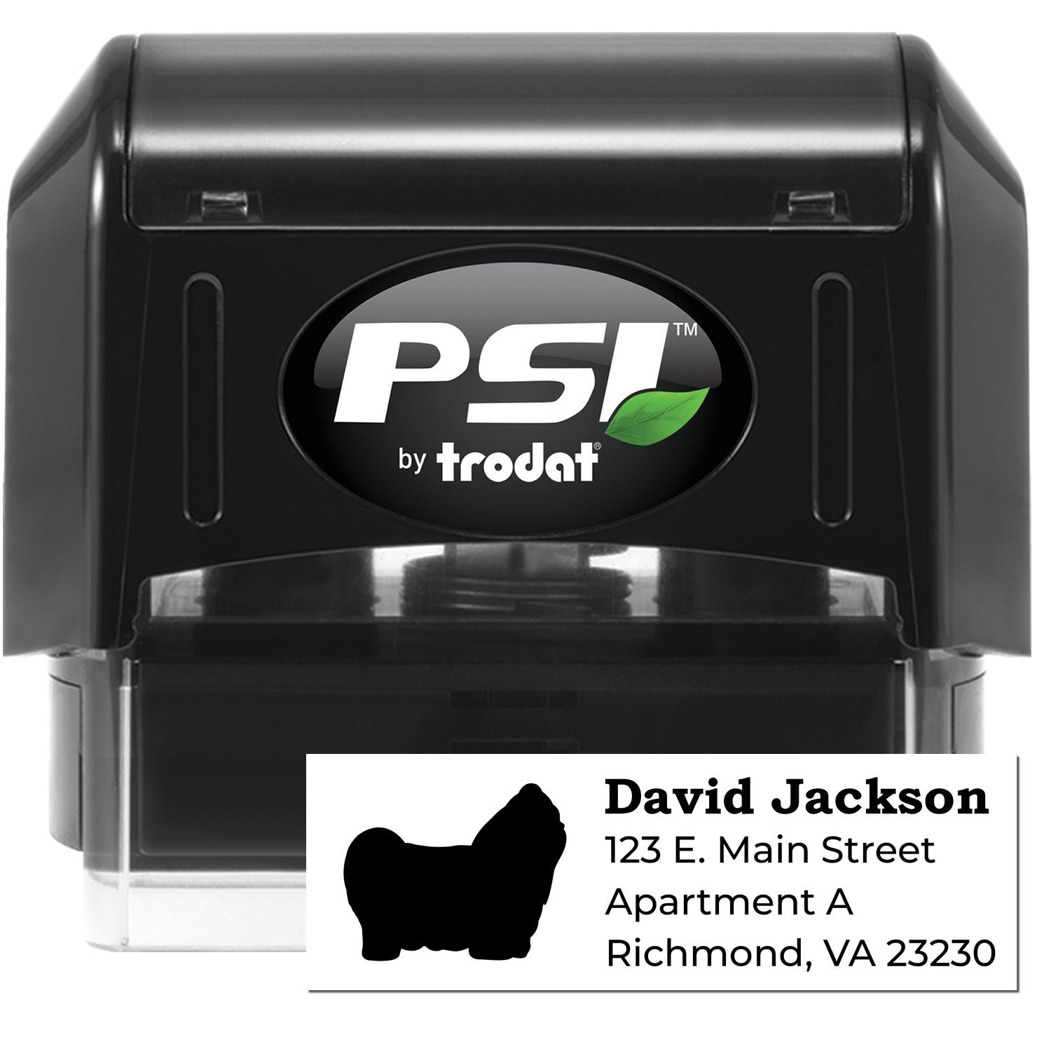 PSI Pre-Inked Personalized Shih Tzu Address Stamp with a black casing, featuring a Shih Tzu silhouette and sample address text. Ideal for pet lovers seeking custom mailing solutions.