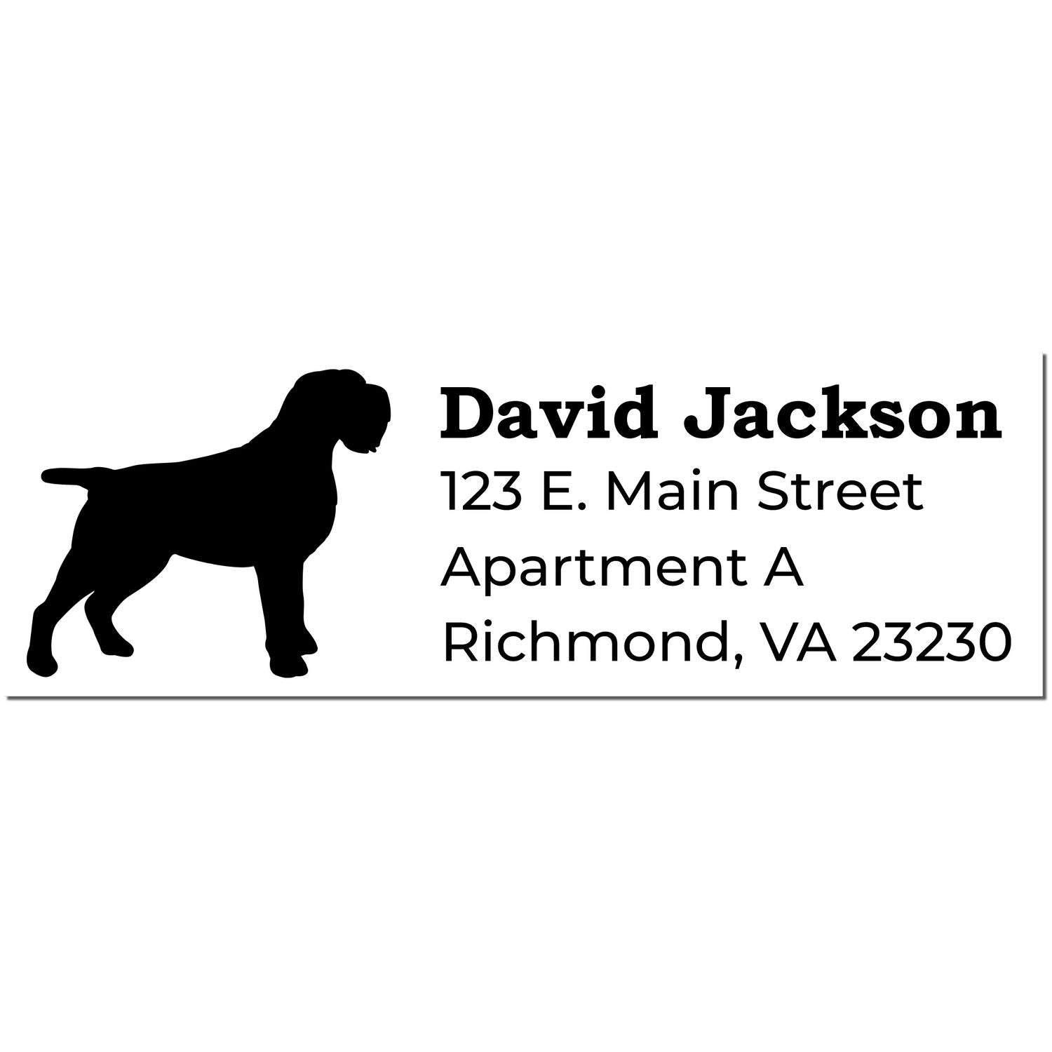 Silhouette of a Wirehaired Pointing Griffon on an address rubber stamp with sample text: David Jackson, 123 E. Main Street, Apartment A, Richmond, VA 23230.