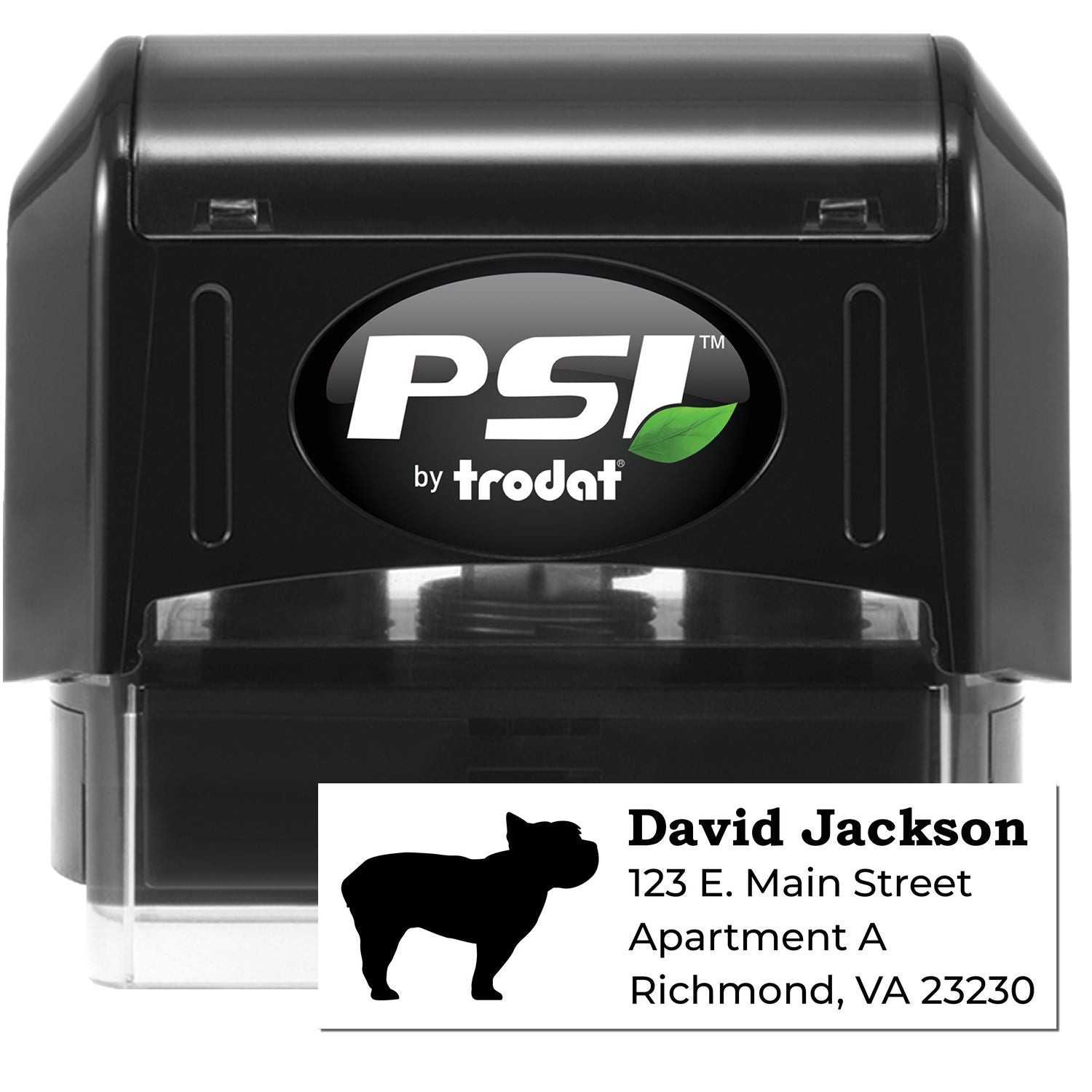 PSI Pre-Inked Personalized Yorkshire Terrier Address Stamp featuring a black casing and a sample address with a silhouette of a Yorkshire Terrier. Ideal for custom address labeling.