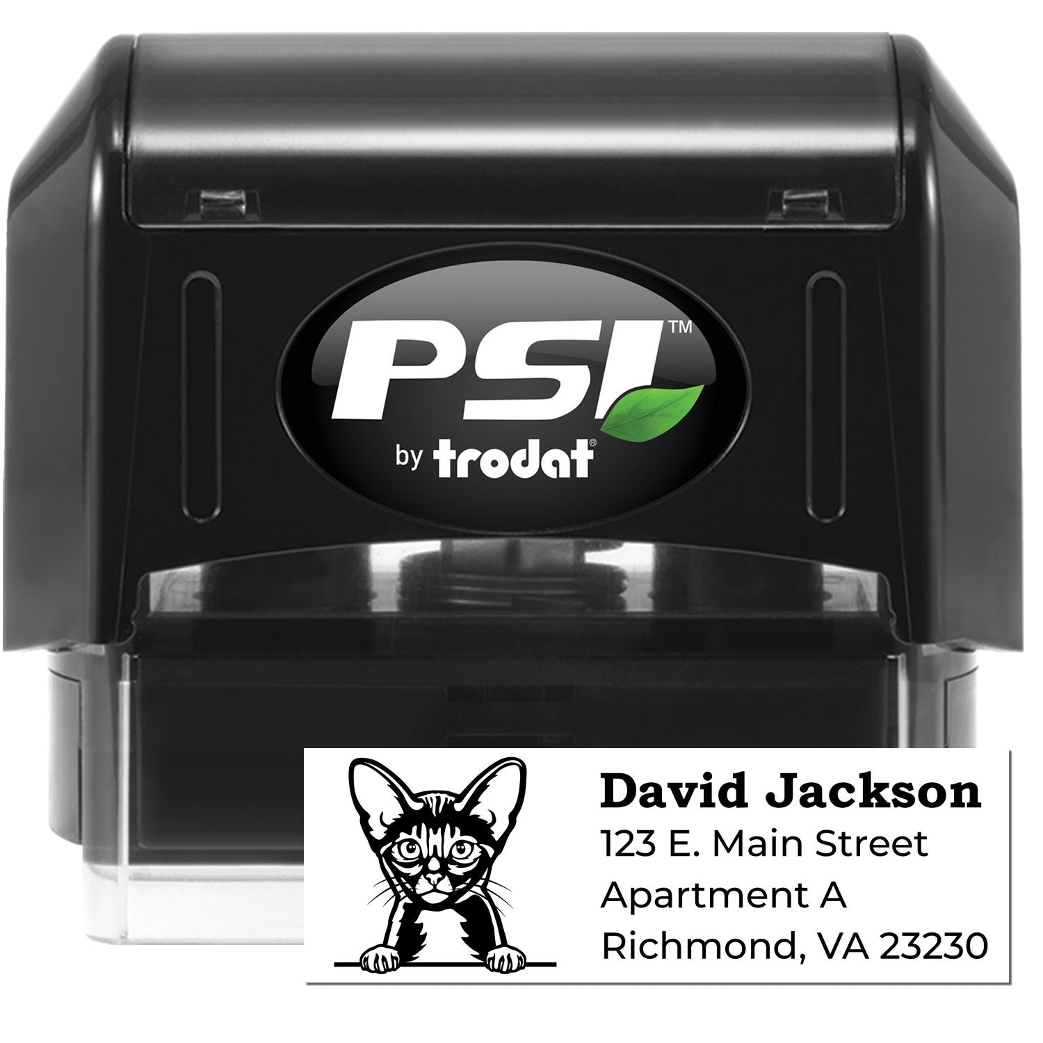 PSI Pre-Inked Peeking Abyssinian Cat Personalized Address Stamp featuring a cute cat illustration, customizable address, and sleek black design. Perfect for adding a personal touch to mail.