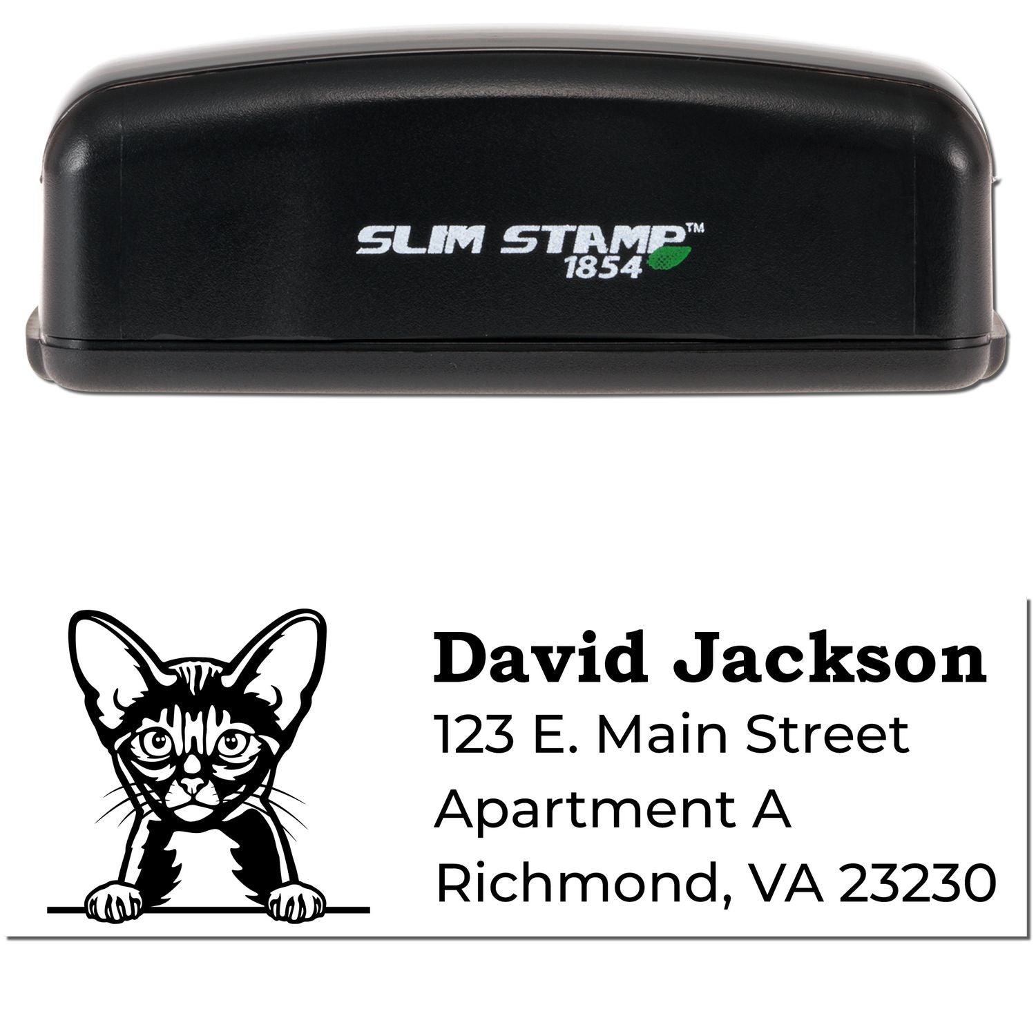 Slim Pre-Inked Abyssinian Peeking Cat Return Address Stamp with a cute cat illustration and sample address. Black stamp case with Slim Stamp 1854 branding.