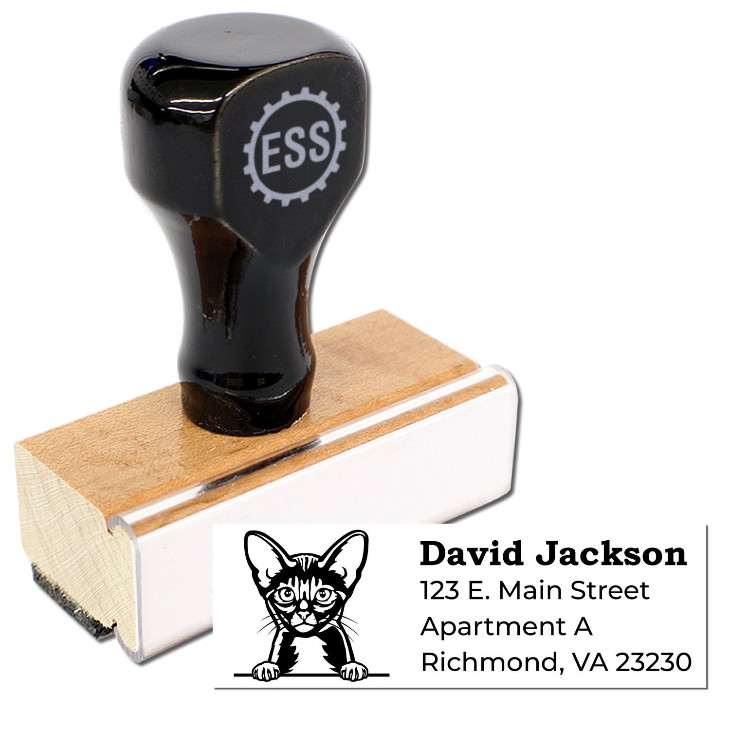 Wood Handle Abyssinian Cat Address Stamp with a black top and wooden base. Features a cute cat illustration and sample address text. Perfect for personalizing mail with style.