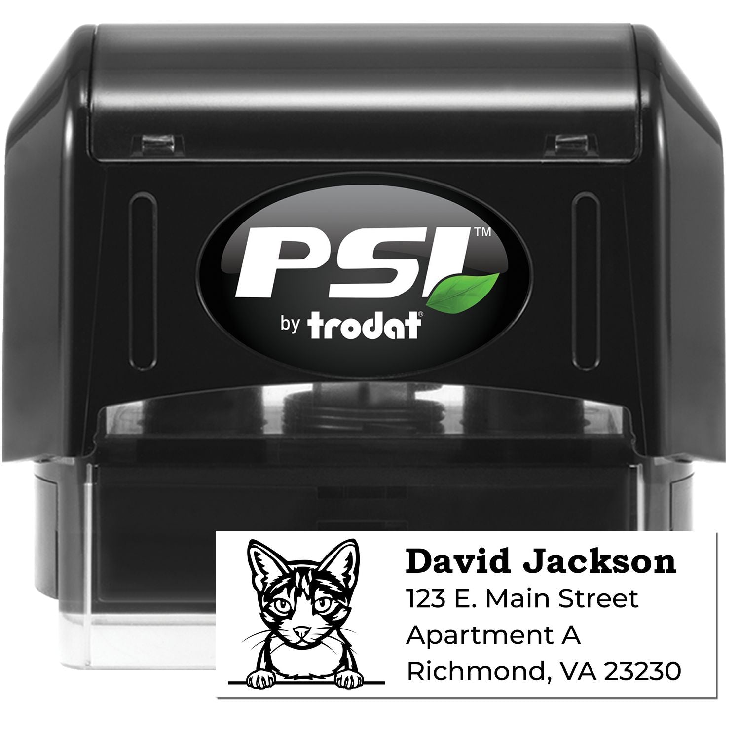 PSI Pre-Inked Peeking Aegean Cat Personalized Address Stamp featuring a black casing with a cute cat design. Customizable with your address, perfect for adding a personal touch to mail.