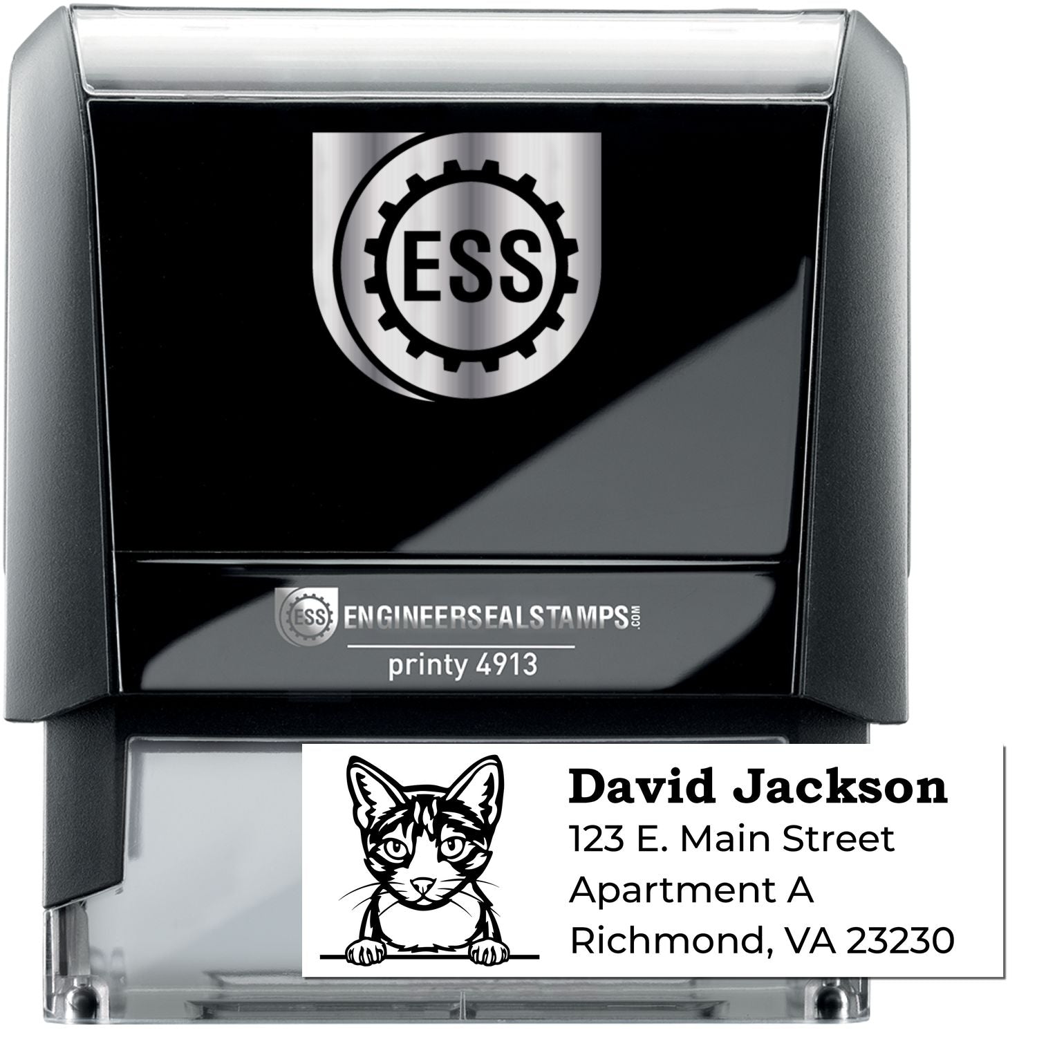 Self-Inking Aegean Custom Address Stamp with a black casing, featuring a sample address and a cat illustration. Ideal for personalizing mail with ease and style.