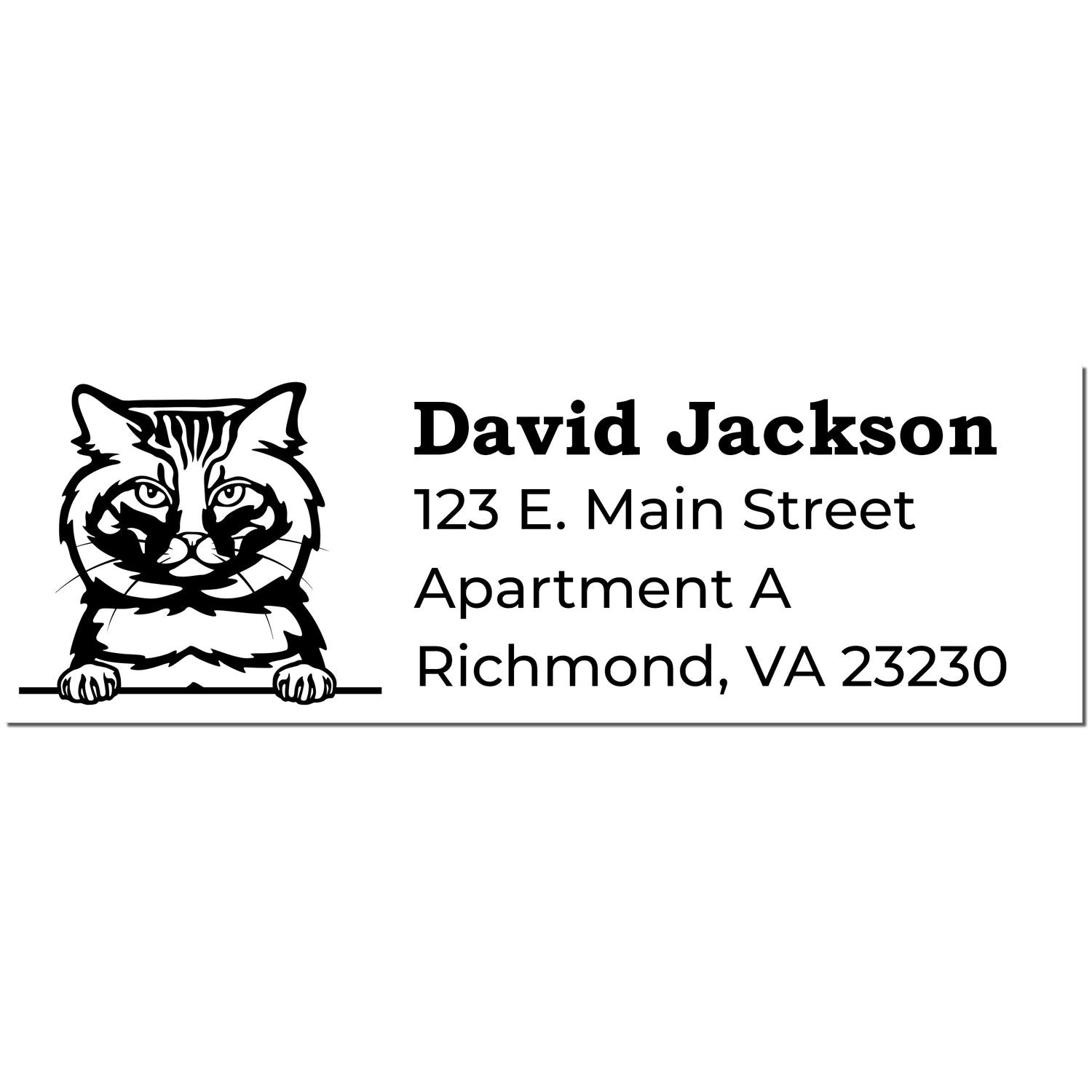 Slim Pre-Inked American Bobtail Peeking Cat Return Address Stamp featuring a cat illustration above the address: David Jackson, 123 E. Main Street, Apartment A, Richmond, VA 23230.