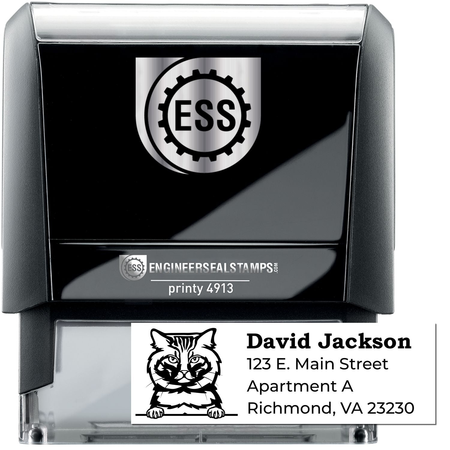 Self-Inking American Bobtail Custom Address Stamp with a black casing, featuring a cat design and sample address. Ideal for personalized mailings.