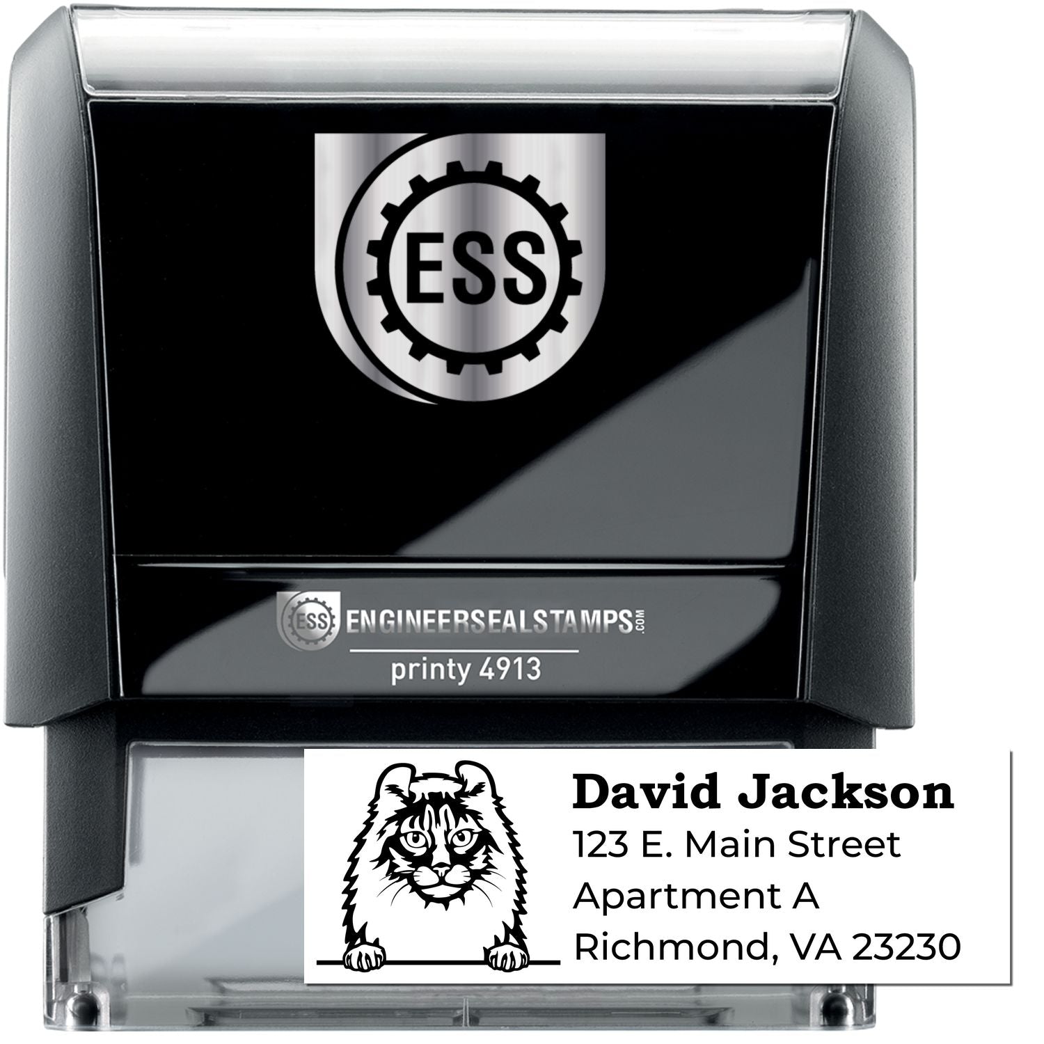 Self-Inking American Curl Custom Address Stamp with a black casing, featuring a cat illustration and sample address text. Ideal for personalized mailings.