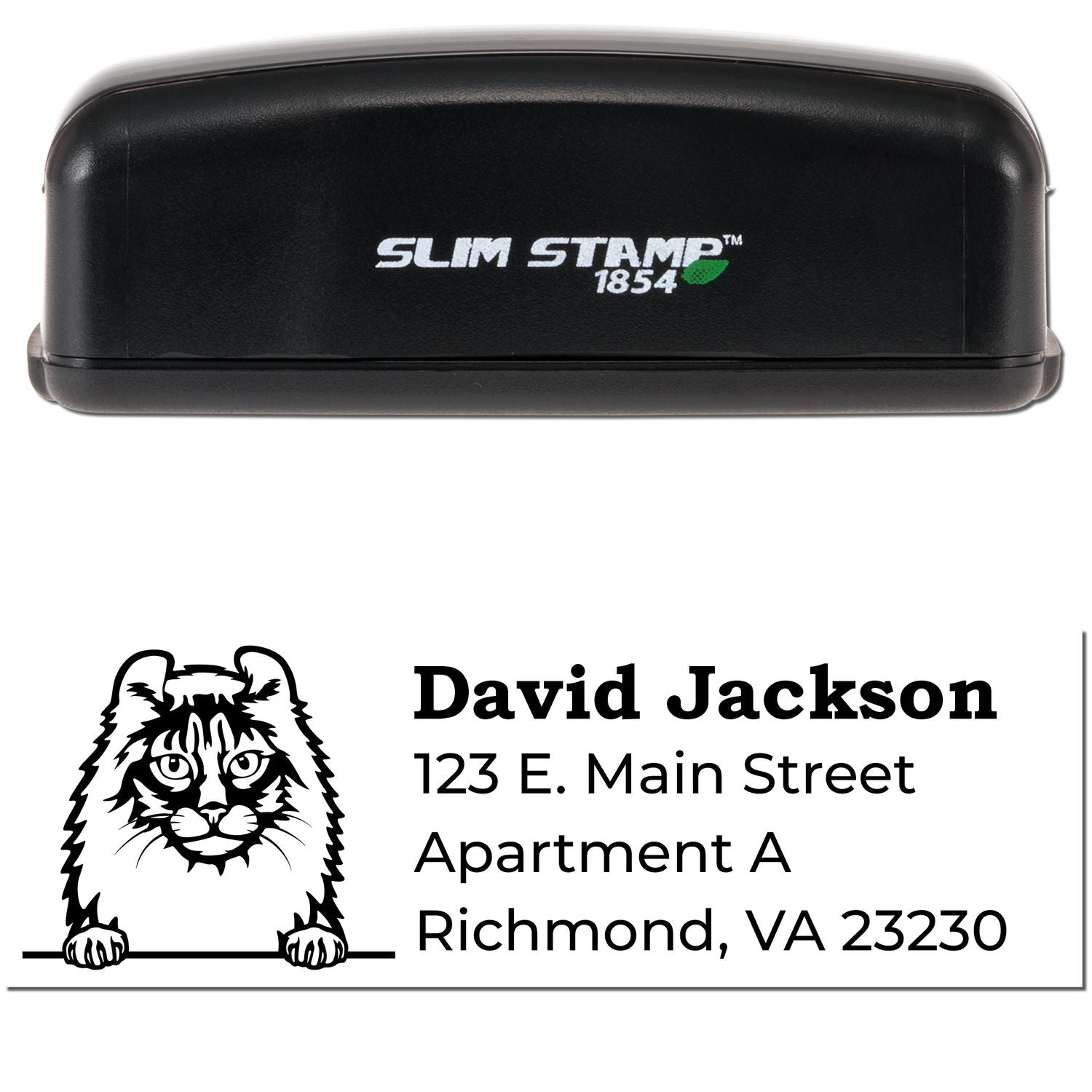 Slim Pre-Inked American Curl Peeking Cat Return Address Stamp with a black casing. Features a cat illustration above the address: David Jackson, 123 E. Main Street, Apartment A, Richmond, VA 23230.