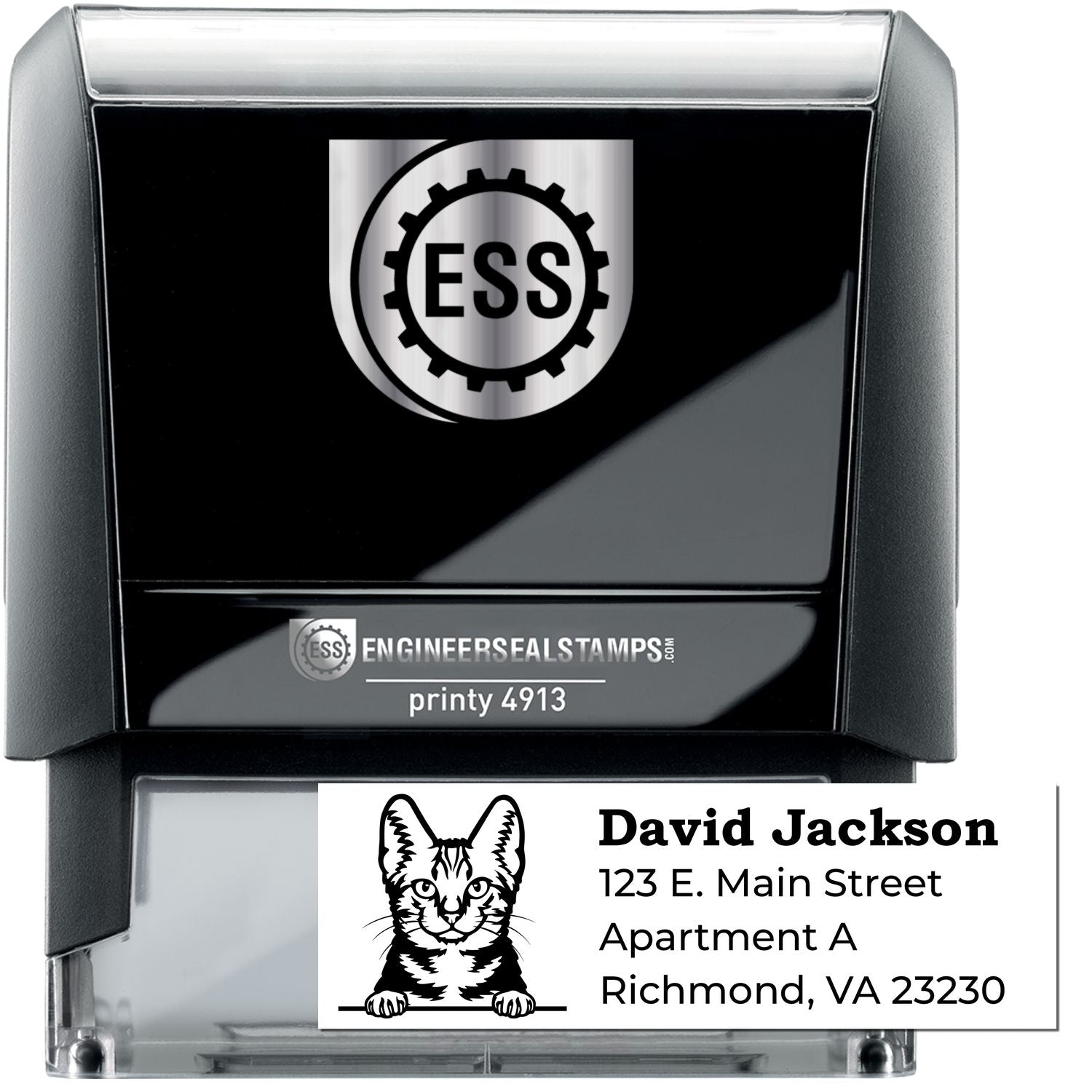 Self-Inking American Shorthair Custom Address Stamp featuring a black casing with a cat illustration and sample address text. Ideal for personalized mailings.