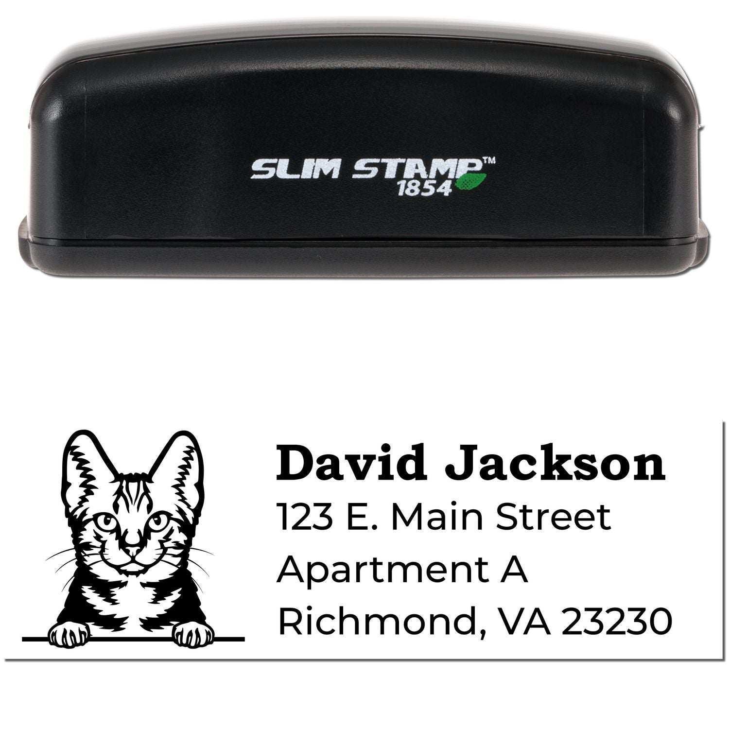 Slim Pre-Inked American Shorthair Peeking Cat Return Address Stamp with a black casing. Features a cute cat illustration above a sample address. Perfect for personalized mail.