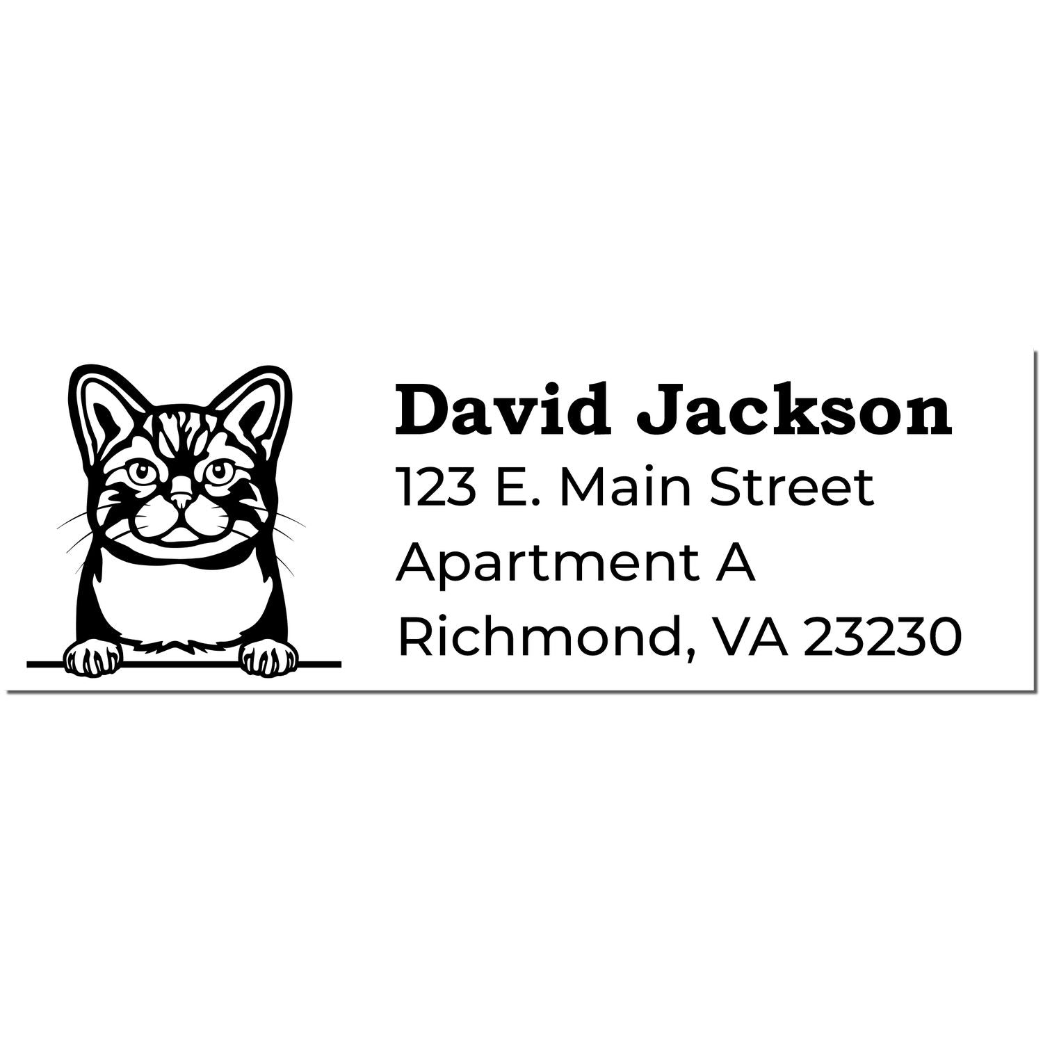 PSI Pre-Inked Peeking American Wirehair Cat Personalized Address Stamp featuring a cute cat illustration above customizable address text. Perfect for adding a personal touch to your mail.