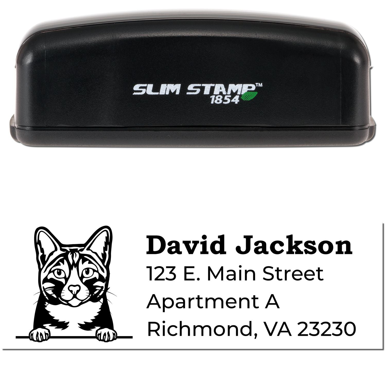 Slim Pre-Inked Arabian Mau Peeking Cat Return Address Stamp featuring a black casing and a cute cat design above the address. Perfect for adding a personal touch to your mail.