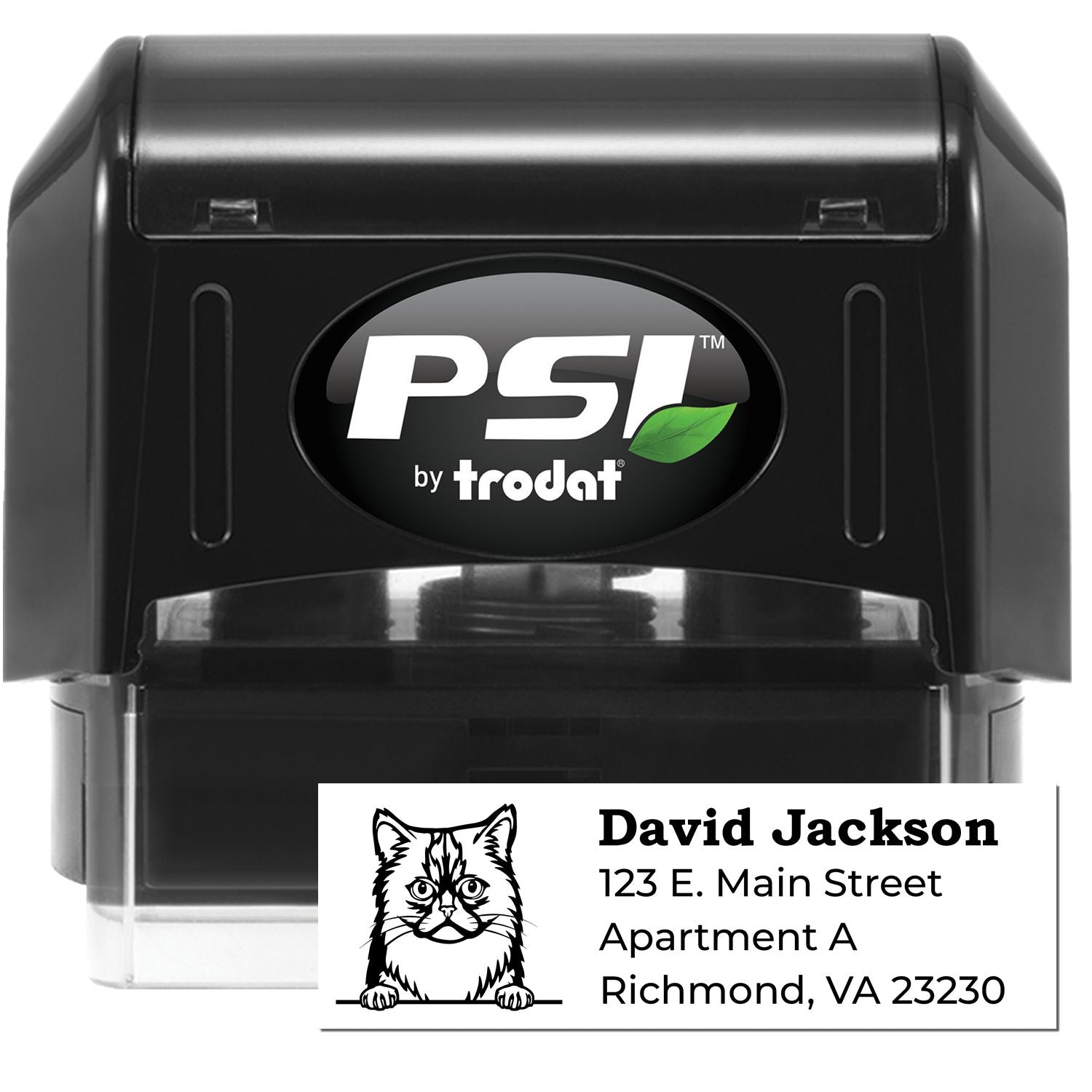 PSI Pre-Inked Peeking Asian Semi Long Hair Cat Personalized Address Stamp featuring a black casing and a sample address with a cat illustration. Ideal for adding a personal touch to mail.