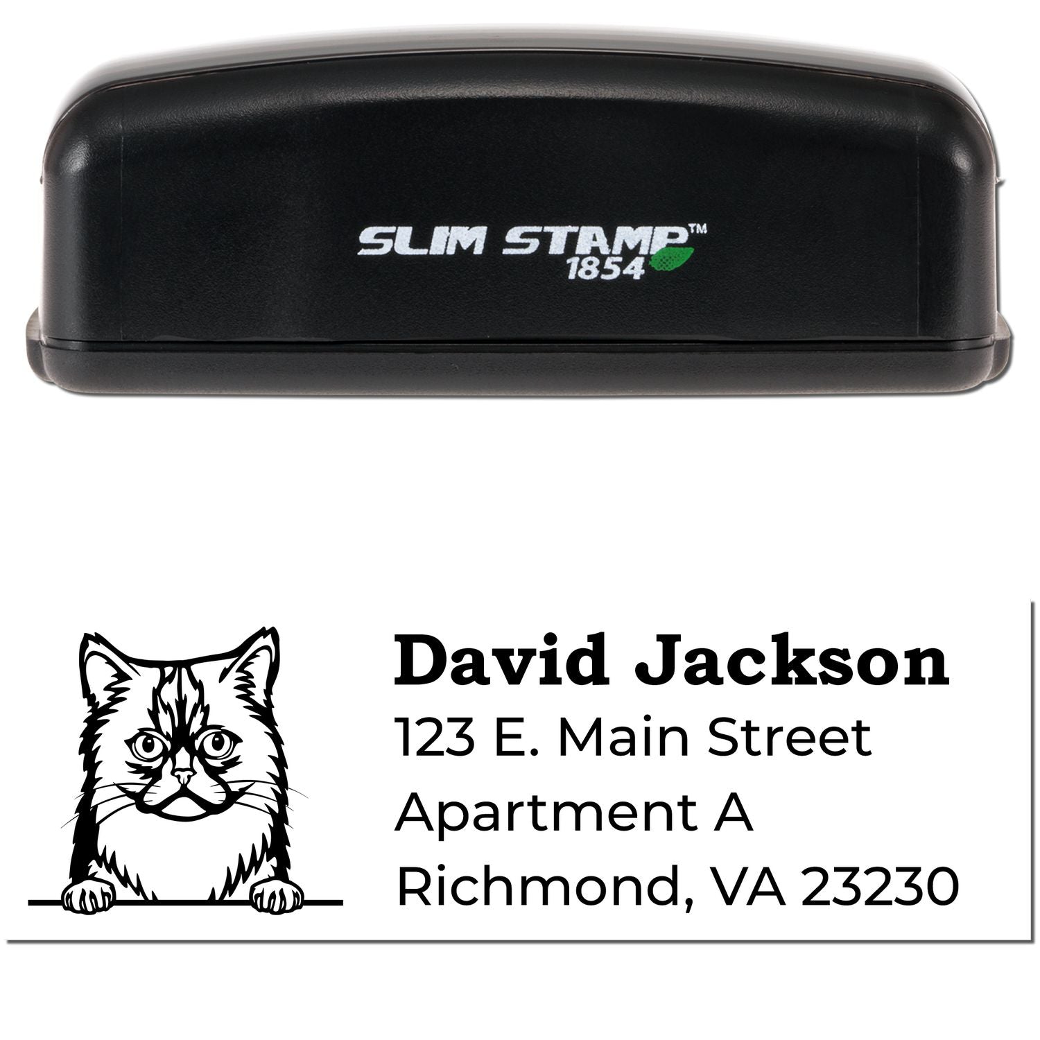 Slim Pre-Inked Asian Semi Long Hair Peeking Cat Return Address Stamp featuring a cat illustration and sample address. Compact black stamp with Slim Stamp 1854 branding on top.