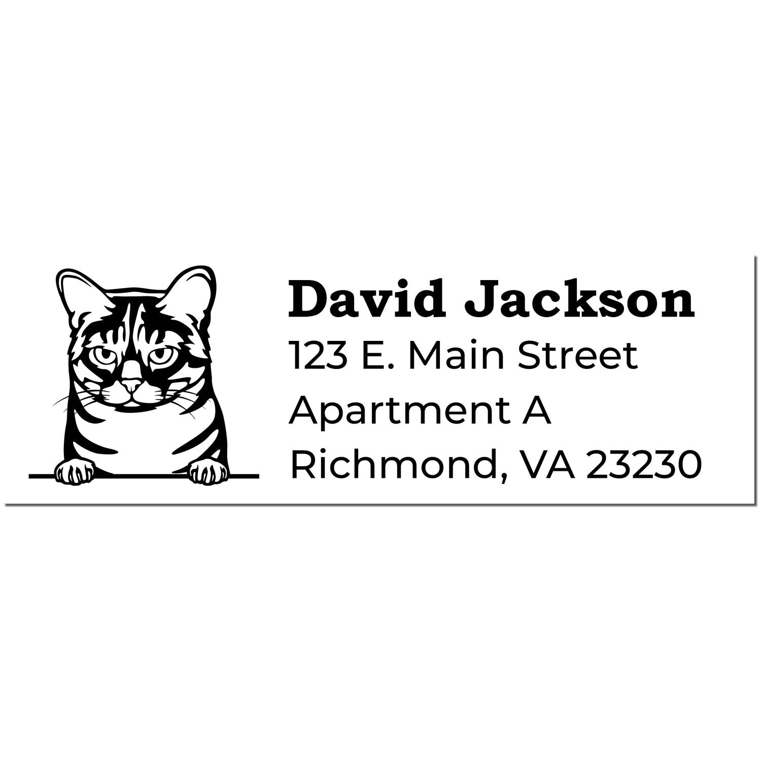 Self-Inking Australian Mist Custom Address Stamp featuring a cat illustration and sample address text: David Jackson, 123 E. Main Street, Apartment A, Richmond, VA 23230.