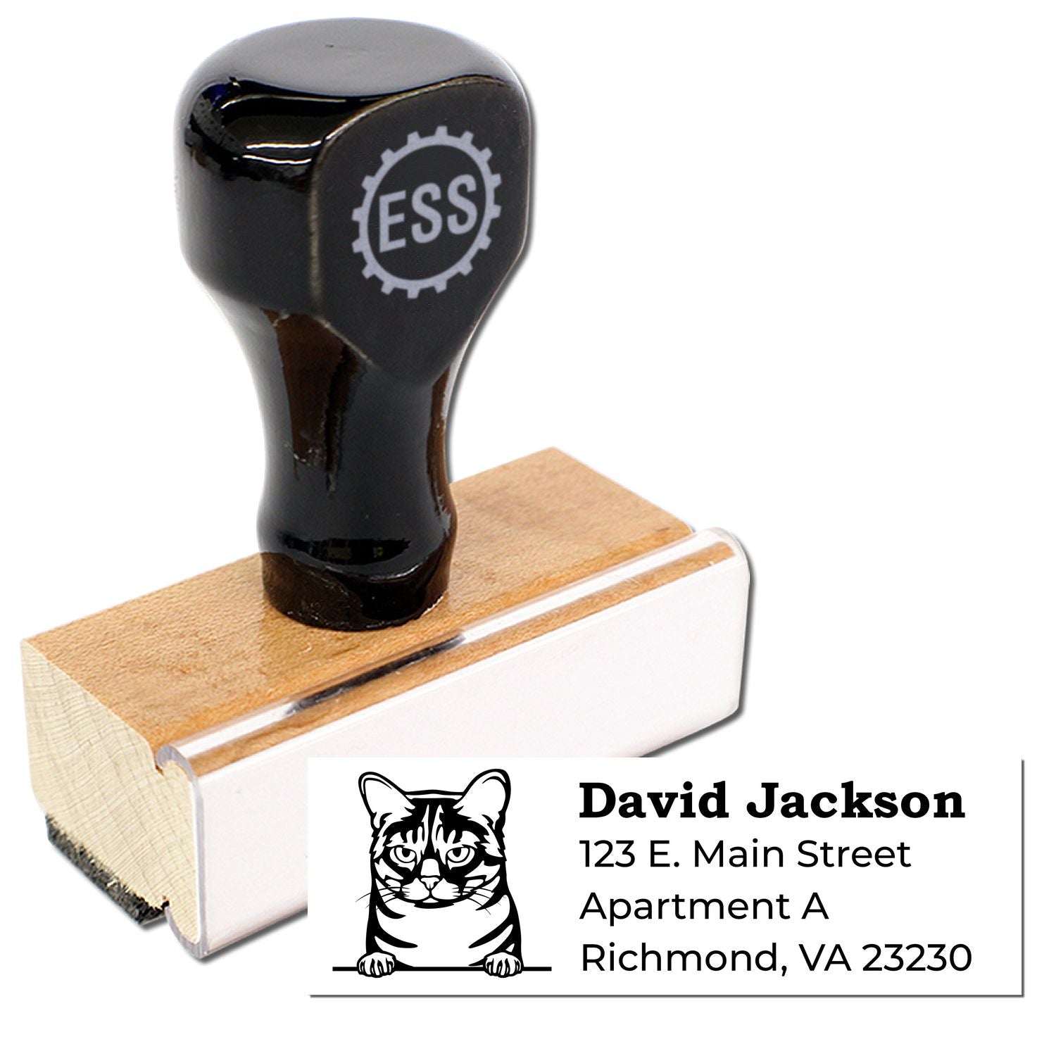 Wood Handle Australian Mist Cat Address Stamp with a black handle and wooden base. Features a cat illustration and sample address text. Ideal for personalizing mail with style and ease.