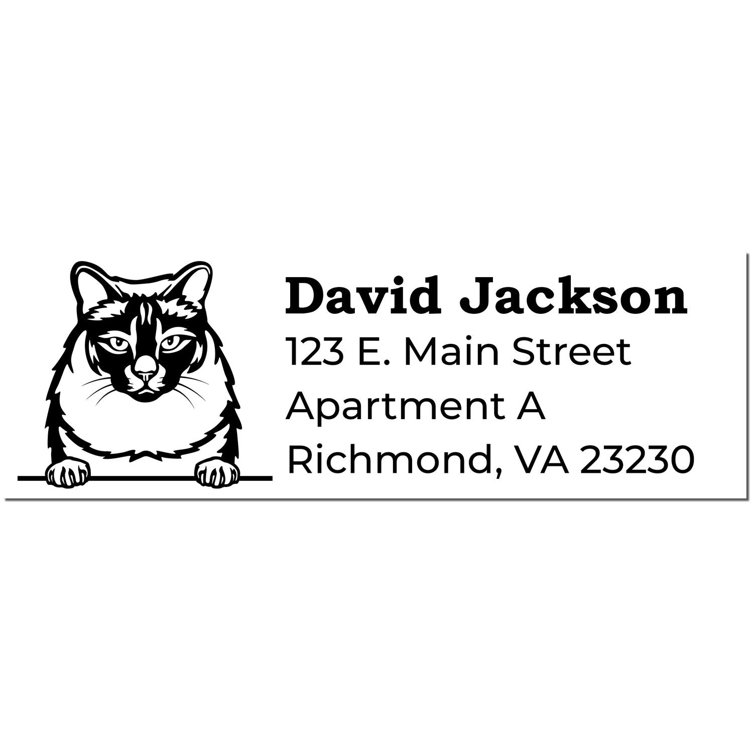 PSI Pre-Inked Peeking Balinese Cat Personalized Address Stamp featuring a cat illustration above customizable address text. Ideal for adding a personal touch to mail.