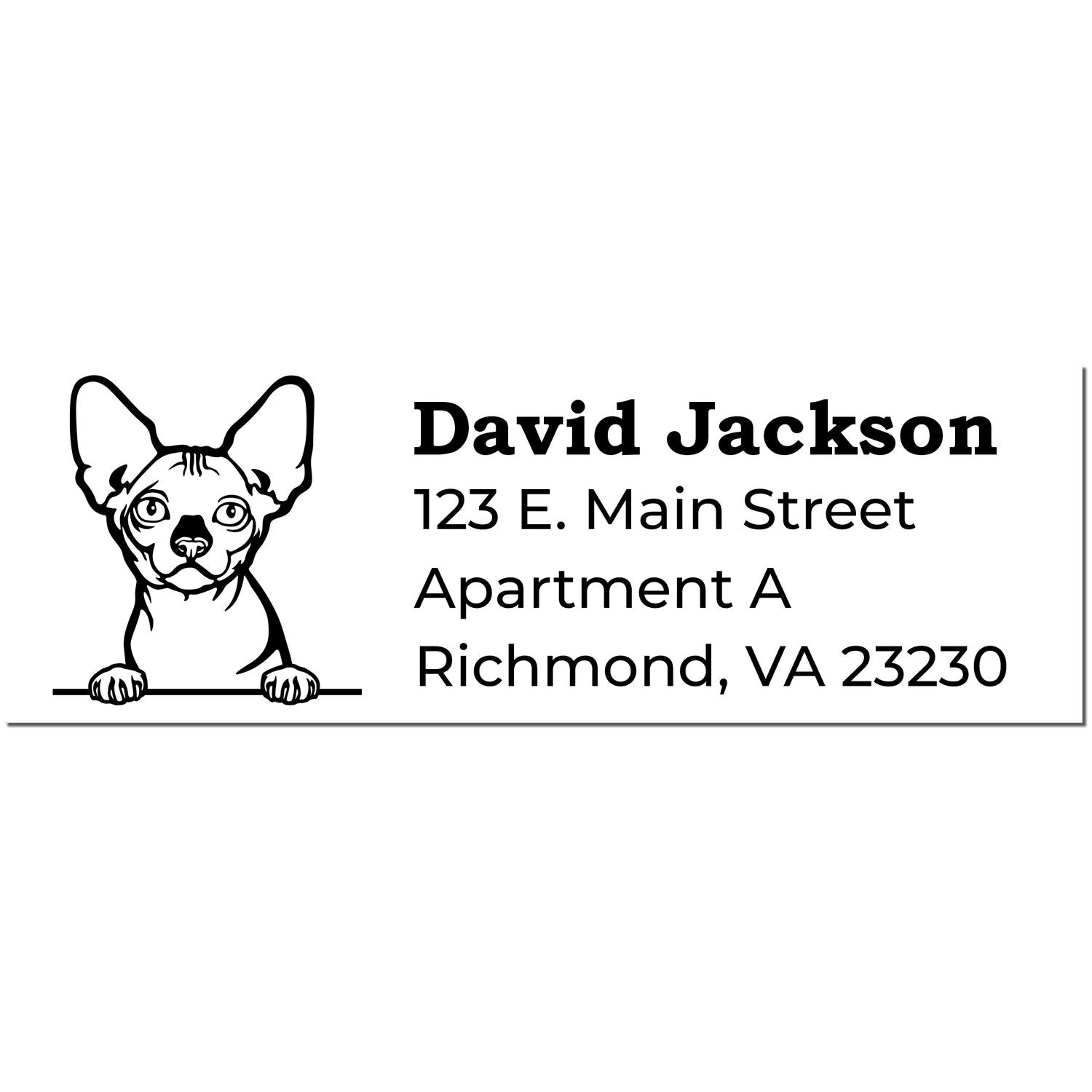 Self-Inking Bambino Custom Address Stamp featuring a cute dog illustration and personalized address details. Perfect for adding a personal touch to your mail.