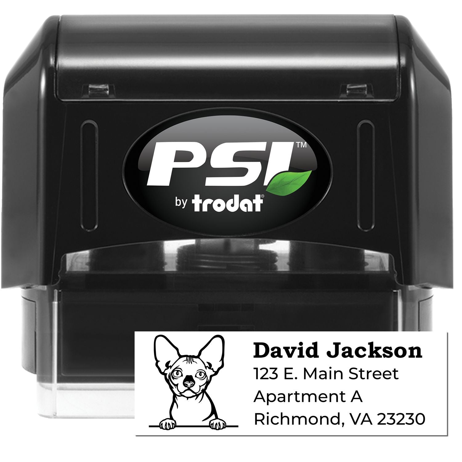 PSI Pre-Inked Peeking Bambino Cat Personalized Address Stamp featuring a cute cat design. Ideal for adding a personal touch to your mail with a sleek black casing and customizable address area.