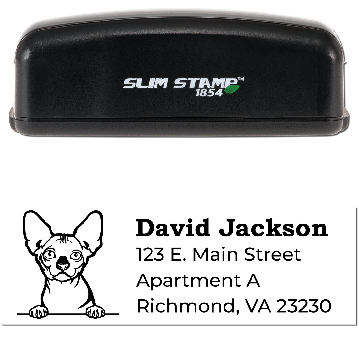 Slim Pre-Inked Bambino Peeking Cat Return Address Stamp with a black casing. Features a cute cat illustration and customizable address text. Perfect for personalizing mail with style.