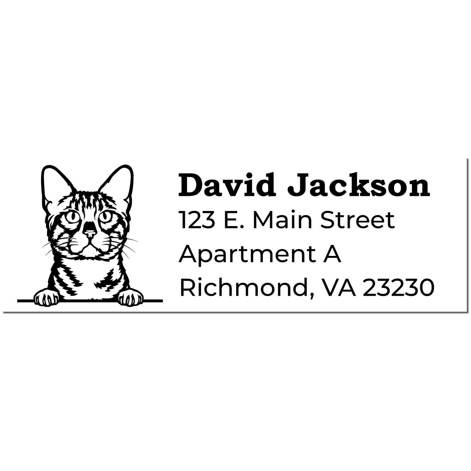 Self-Inking Bengal Custom Address Stamp featuring a Bengal cat illustration with sample text: David Jackson, 123 E. Main Street, Apartment A, Richmond, VA 23230. Perfect for personalized mail.