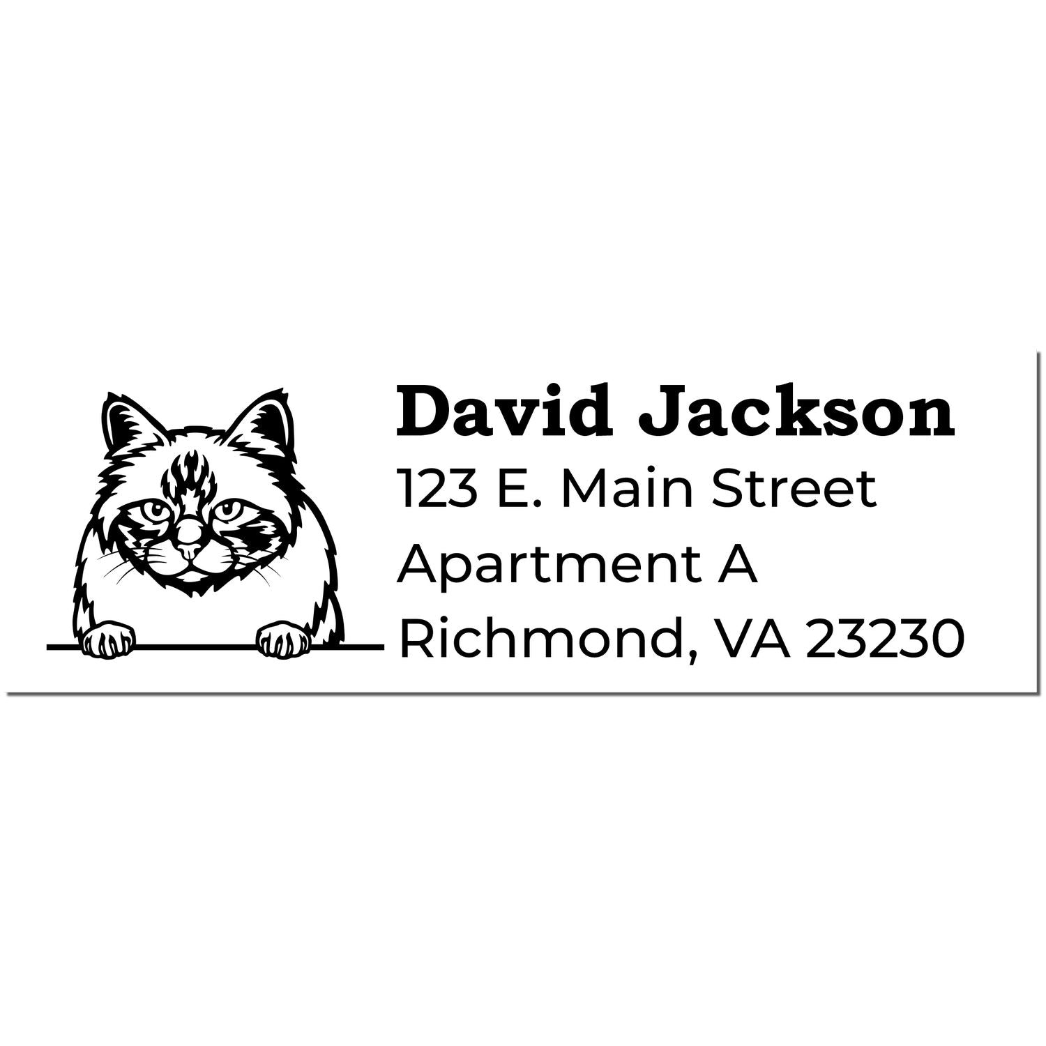 Self-Inking Birman Custom Address Stamp featuring a Birman cat illustration above the name and address text. Perfect for personalizing mail with a unique feline touch.