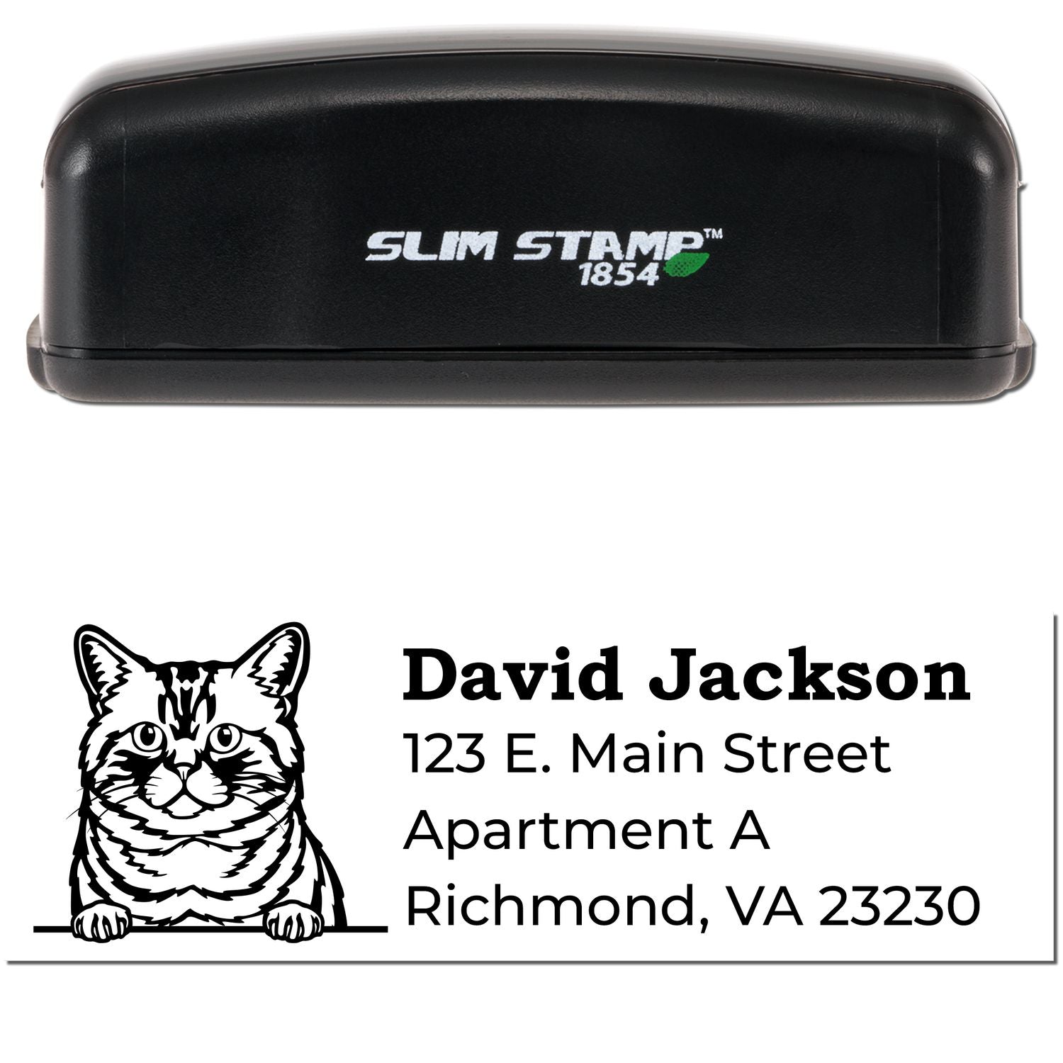 Slim Pre-Inked Brazilian Shorthair Peeking Cat Return Address Stamp with a black casing and a cute cat illustration above the address. Perfect for personalizing mail with style.