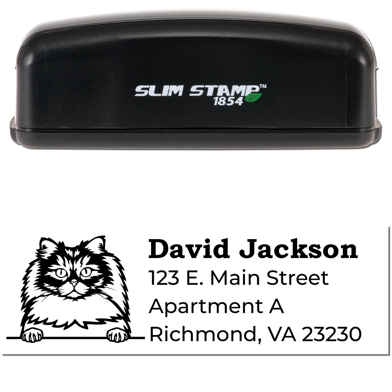 Slim Pre-Inked British Longhair Peeking Cat Return Address Stamp with a black case and a cute cat design above the address. Perfect for personalizing mail with style.