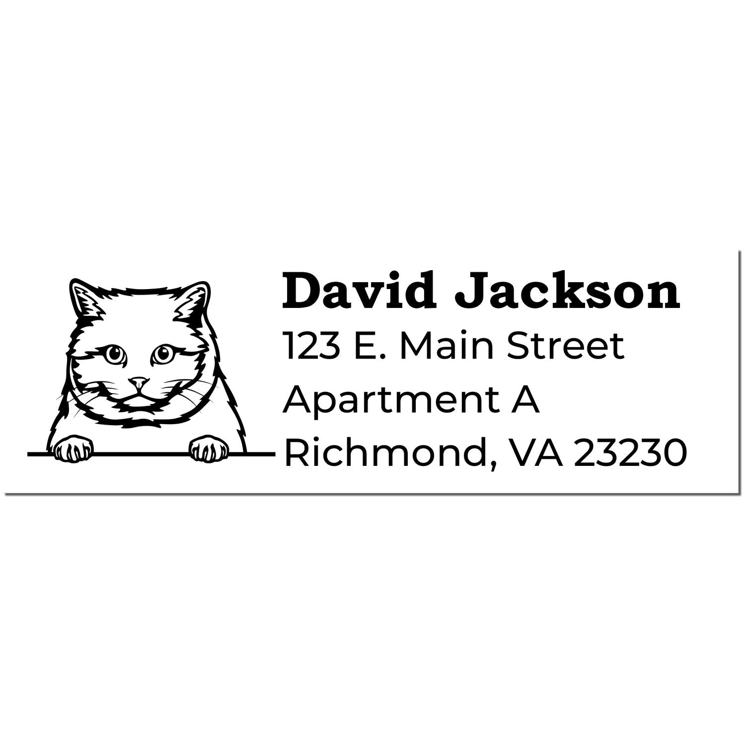 Self-Inking British Shorthair Custom Address Stamp featuring a cute cat illustration with sample text: David Jackson, 123 E. Main Street, Apartment A, Richmond, VA 23230.