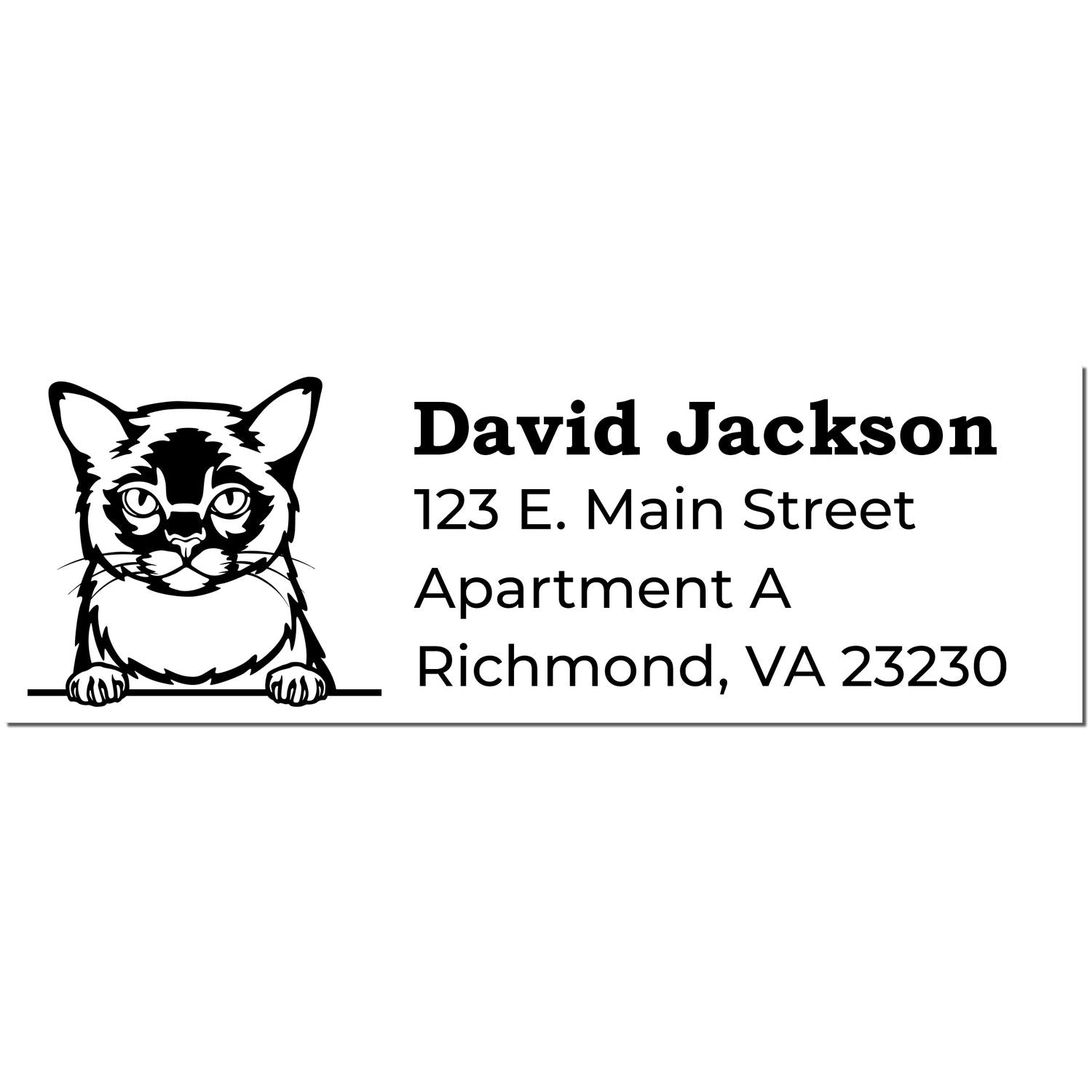 Self-Inking Burmese Custom Address Stamp featuring a cat illustration and sample address text in black ink on a white background.