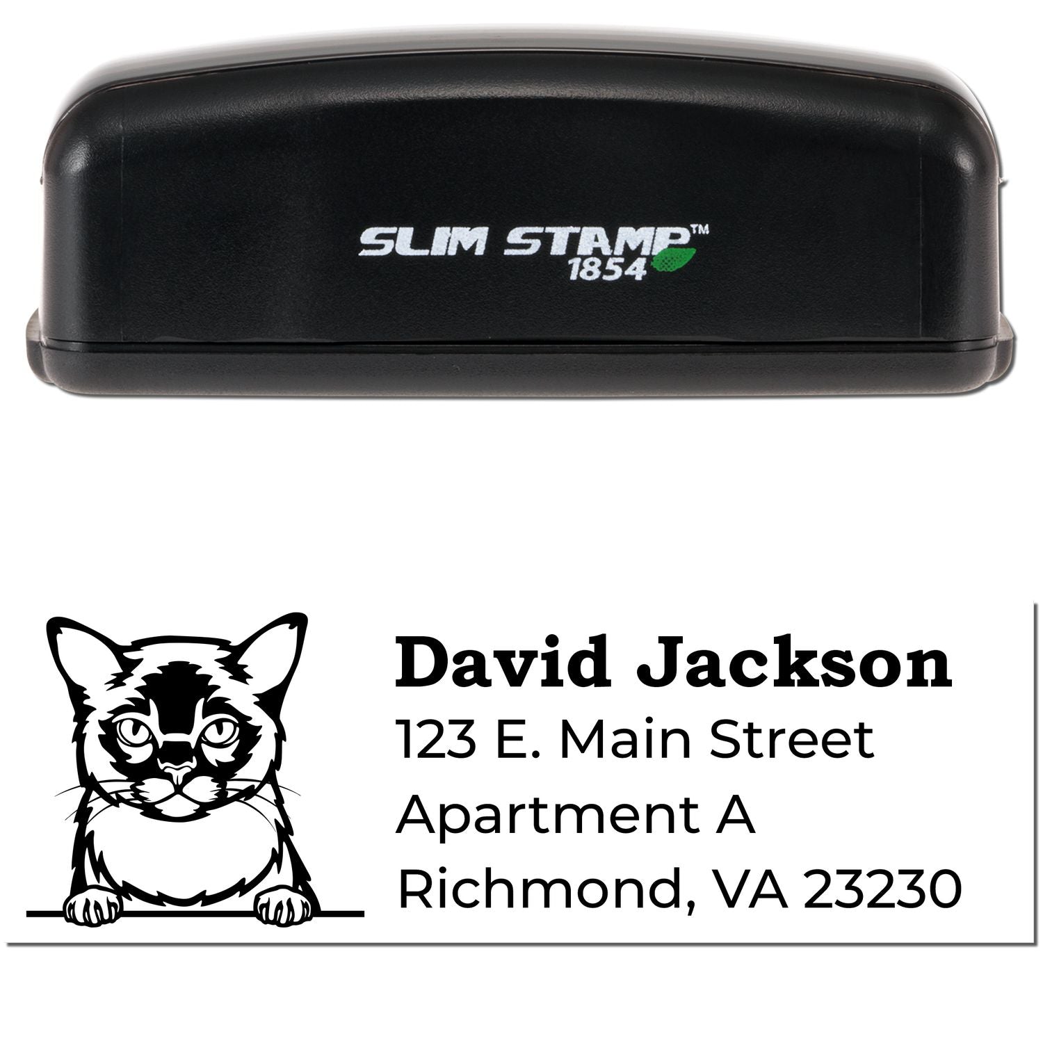 Slim Pre-Inked Burmese Peeking Cat Return Address Stamp with a black casing. Features a cute cat illustration and customizable address text. Perfect for personalizing mail with style.