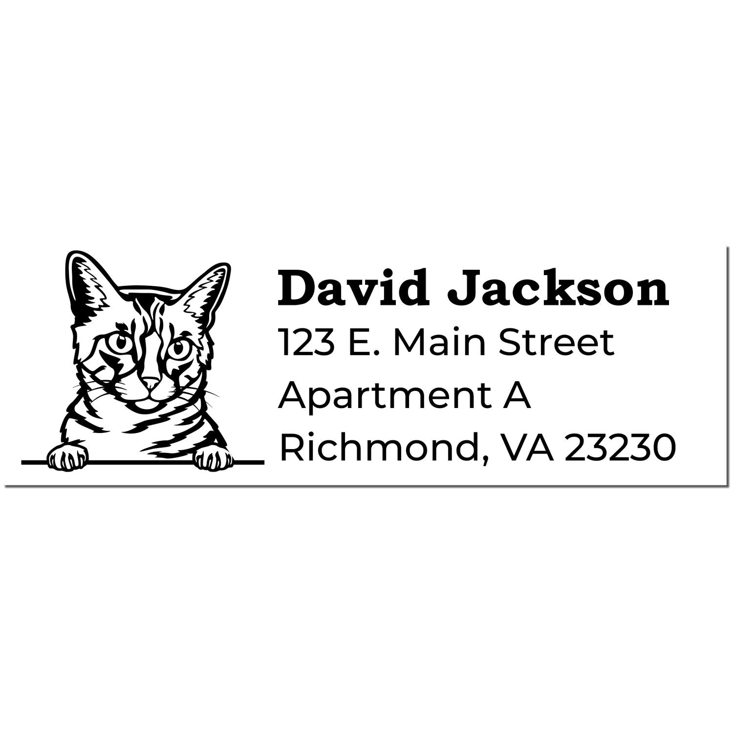 Wood Handle California Spangled Cat Address Stamp featuring a cat illustration and sample address text: David Jackson, 123 E. Main Street, Apartment A, Richmond, VA 23230.