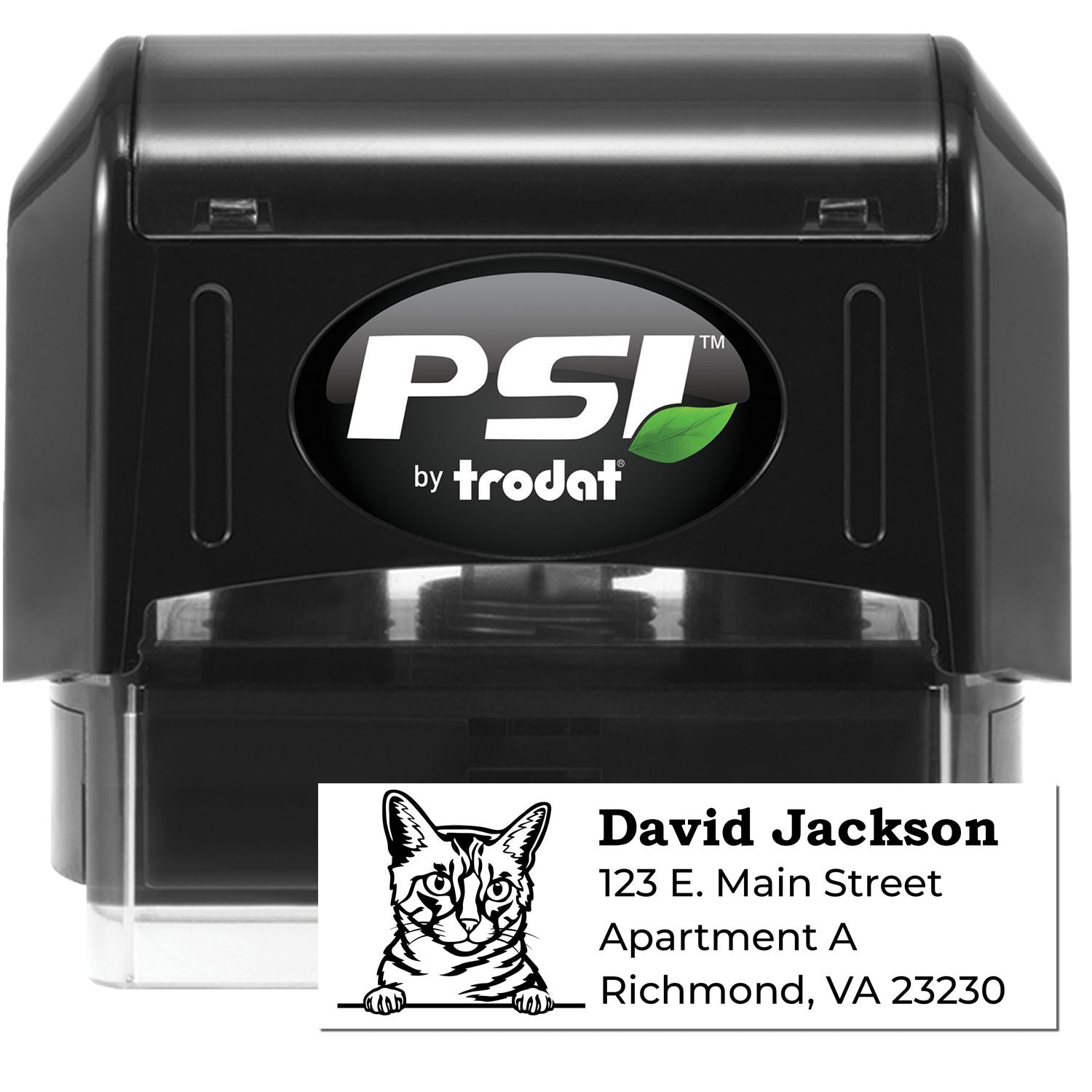 PSI Pre-Inked Peeking California Spangled Cat Personalized Address Stamp, featuring a cat illustration and customizable address text, ideal for adding a personal touch to your mail.