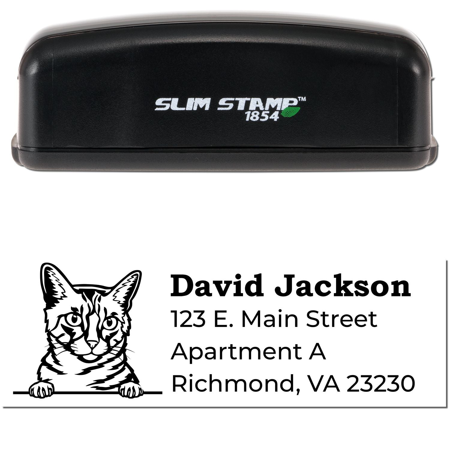 Slim Pre-Inked California Spangled Peeking Cat Return Address Stamp with a black casing. Features a cat illustration and sample address: David Jackson, 123 E. Main Street, Richmond, VA 23230.