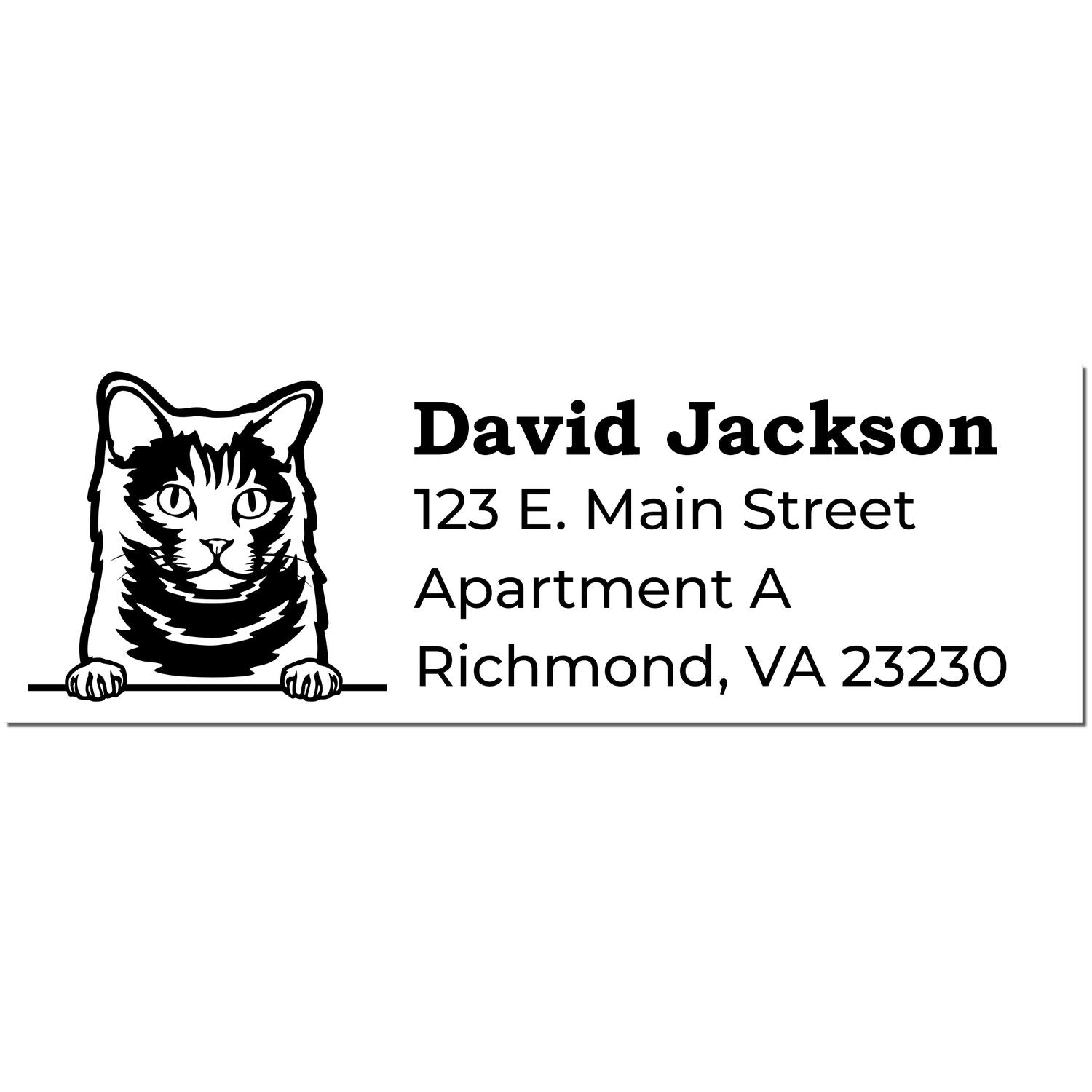 Chartreux cat illustration with text: David Jackson, 123 E. Main Street, Apartment A, Richmond, VA 23230. Wood Handle Chartreux Cat Address Stamp design.