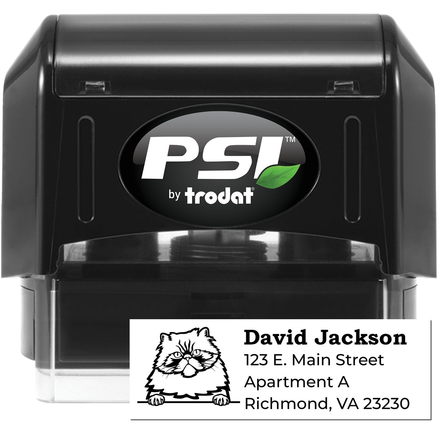 PSI Pre-Inked Peeking Colorpoint Persian Cat Personalized Address Stamp featuring a black casing and a cute cat design on the address label. Perfect for adding a personal touch to your mail.