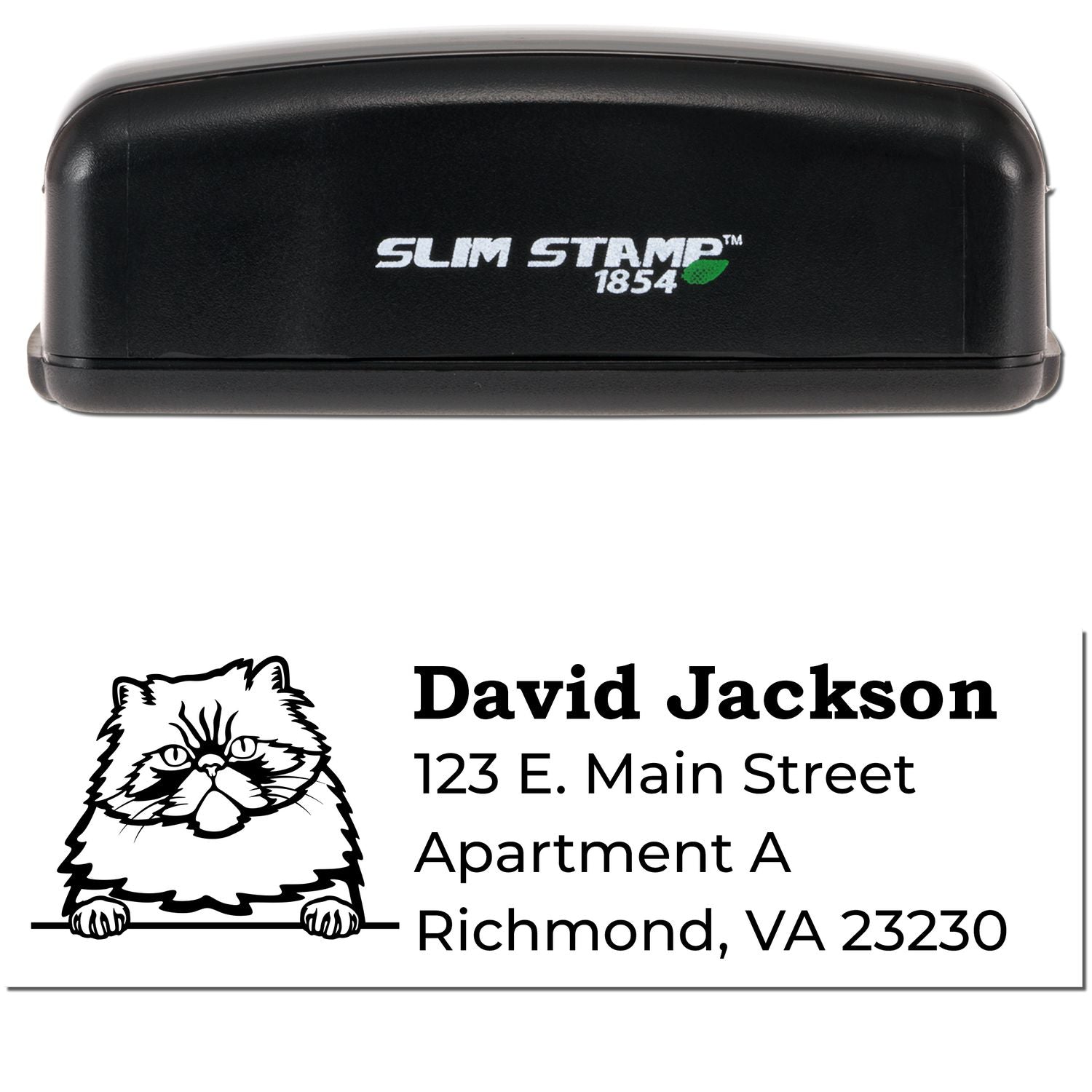 Slim Pre-Inked Colorpoint Persian Peeking Cat Return Address Stamp with a black casing. Features a cute cat illustration above the address text. Perfect for personalizing mail with style.