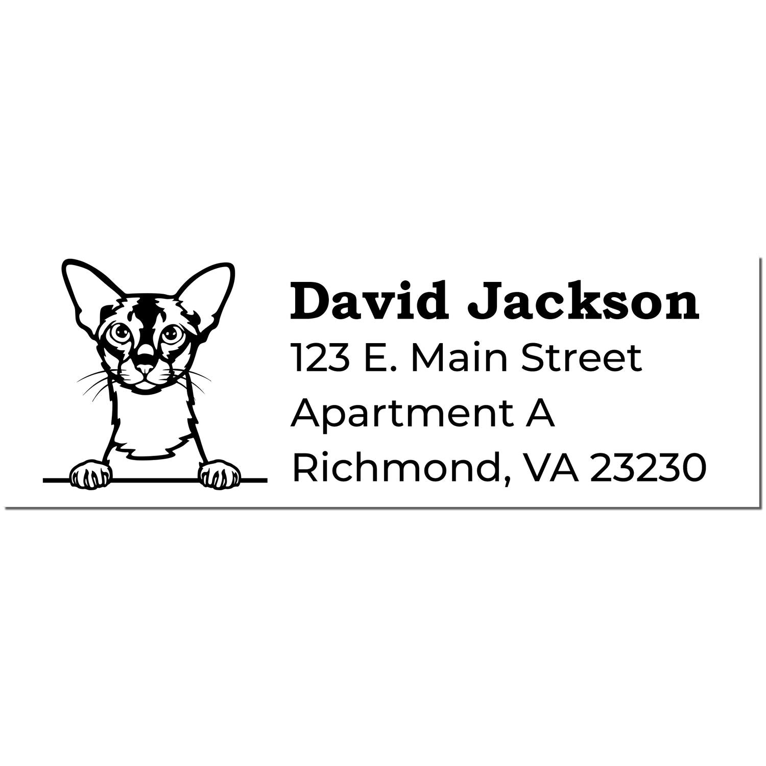 Self-Inking Colorpoint Shorthair Custom Address Stamp featuring a cat illustration with text: David Jackson, 123 E. Main Street, Apartment A, Richmond, VA 23230.