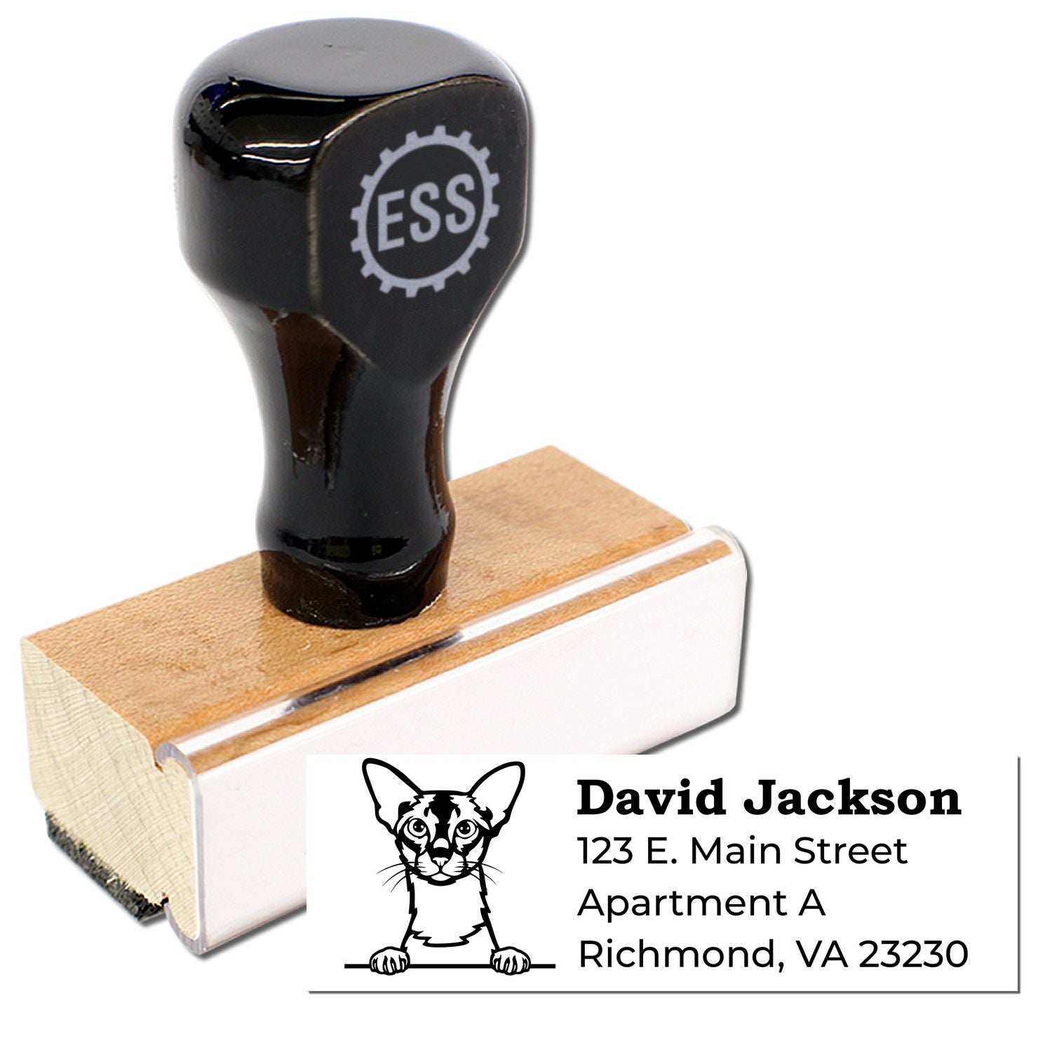 Wood Handle Colorpoint Shorthair Cat Address Stamp with a black top and wooden base. Features a cat illustration and sample address text. Perfect for personalizing mail with style.