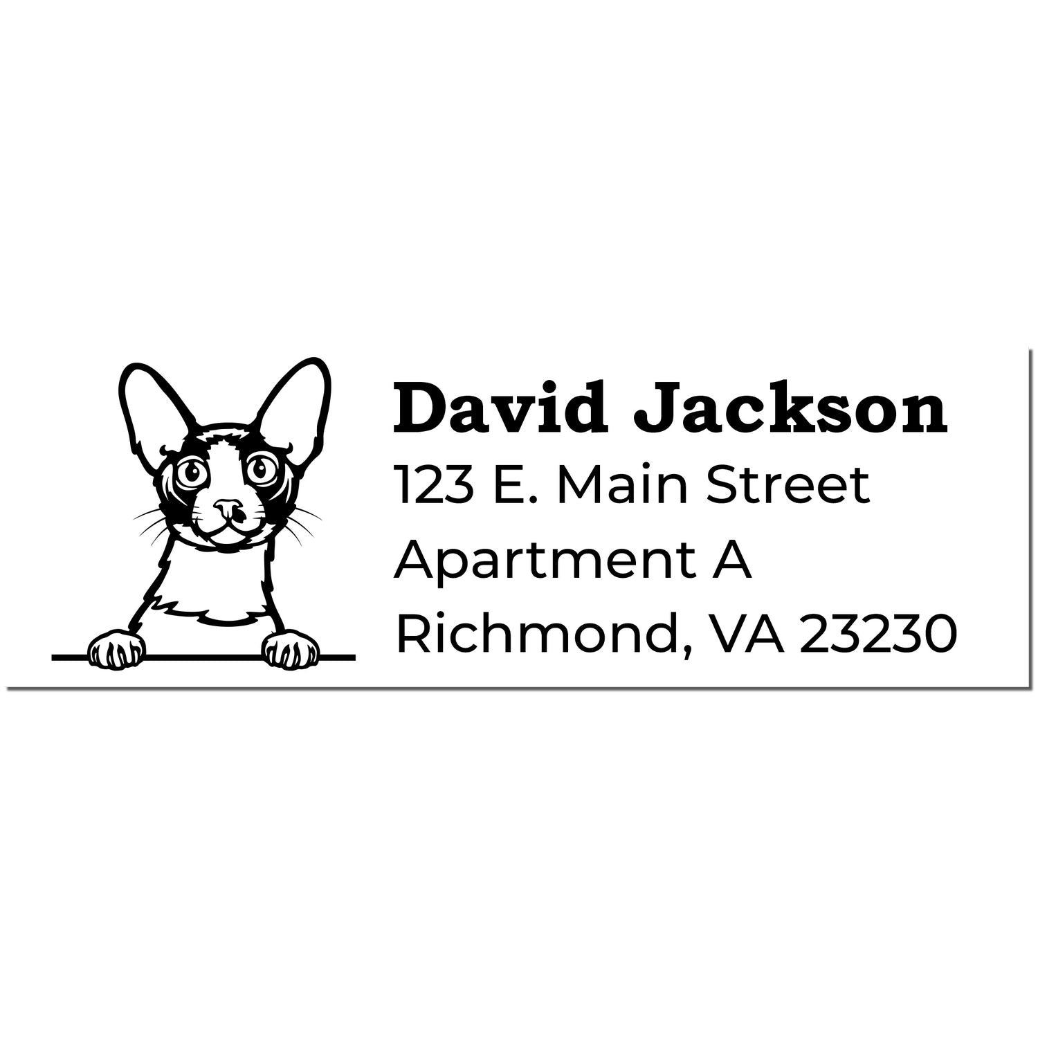 Self-Inking Cornish Rex Custom Address Stamp featuring a cute Cornish Rex cat illustration with sample text: David Jackson, 123 E. Main Street, Apartment A, Richmond, VA 23230.