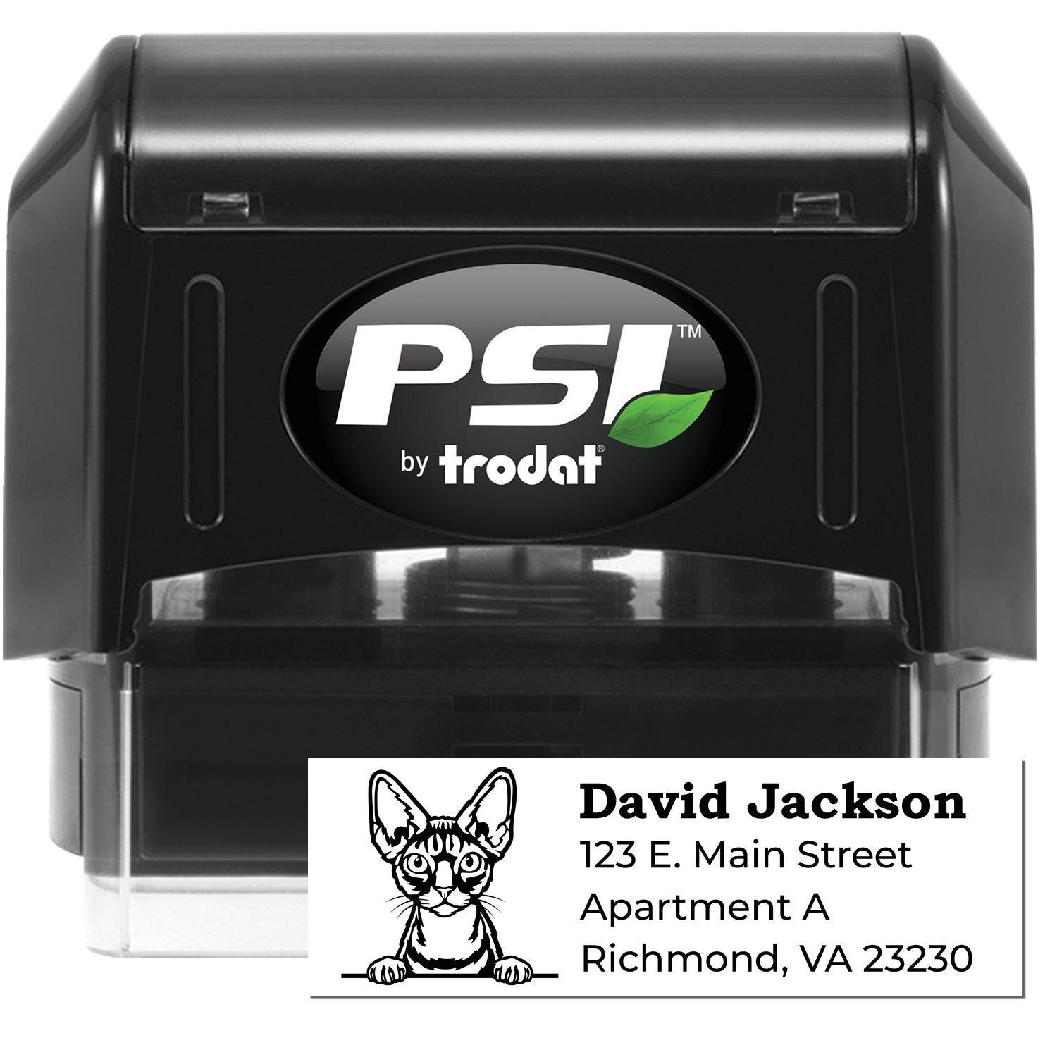 PSI Pre-Inked Peeking Devon Rex Cat Personalized Address Stamp featuring a cute cat illustration, customizable address, and sleek black design. Perfect for adding a personal touch to your mail.