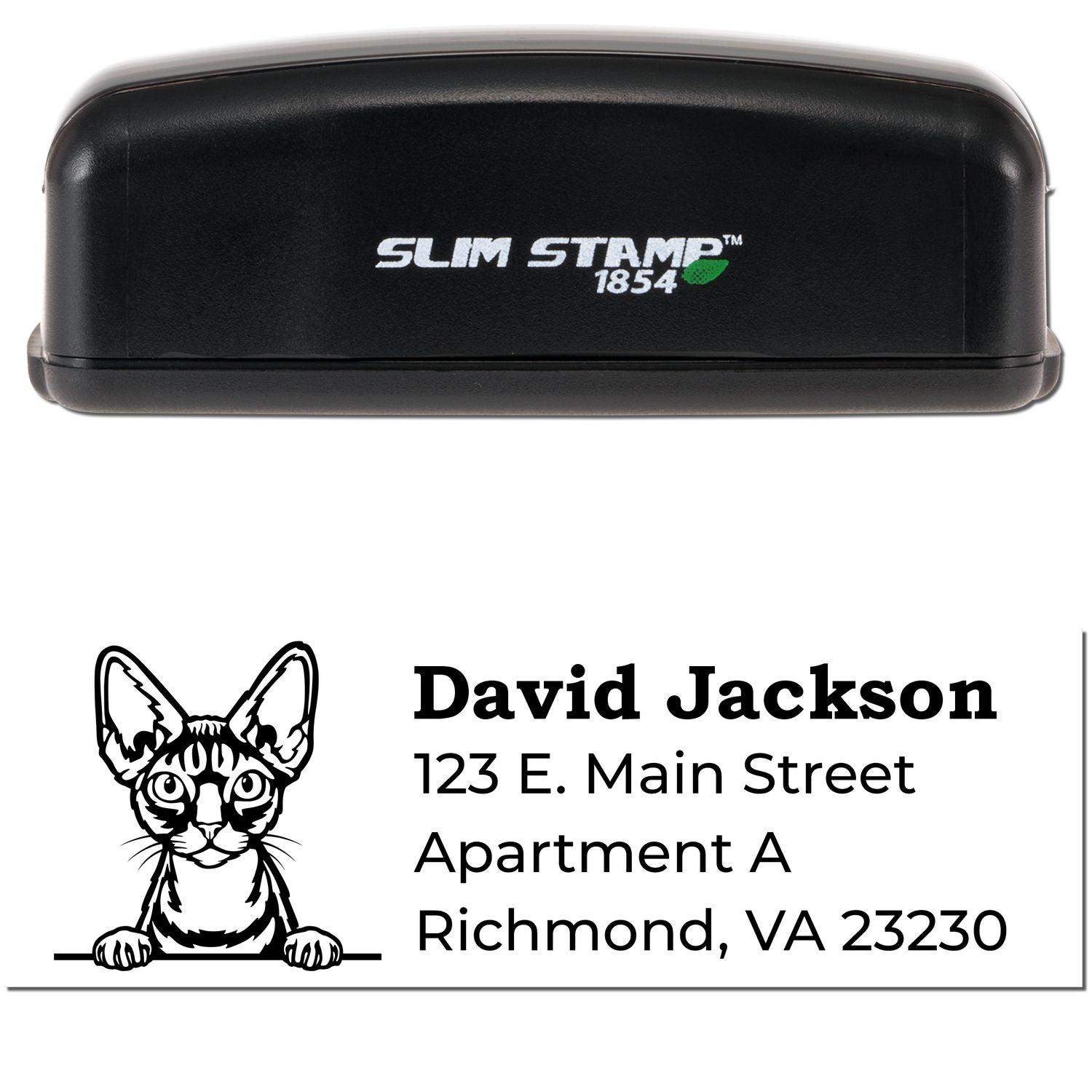 Slim Pre-Inked Devon Rex Peeking Cat Return Address Stamp featuring a black casing and a cute cat illustration above a sample address. Perfect for adding a personal touch to your mail.