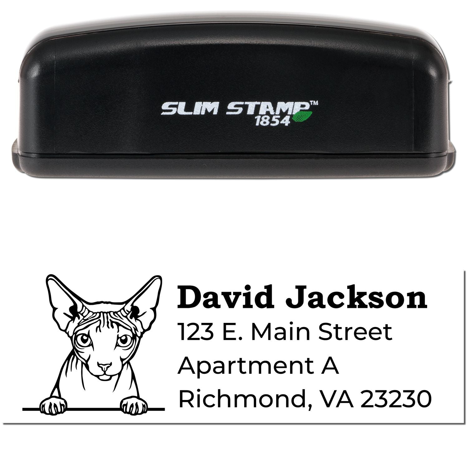 Slim Pre-Inked Don Sphynx Peeking Cat Return Address Stamp with a black casing. Features a Sphynx cat illustration above a customizable address section. Perfect for personalizing mail.