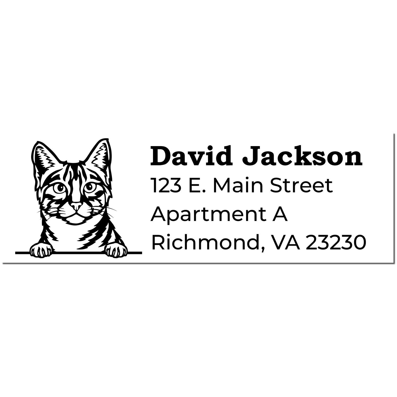 Self-Inking Egyptian Mau Custom Address Stamp featuring a detailed cat illustration with sample text: David Jackson, 123 E. Main Street, Apartment A, Richmond, VA 23230.