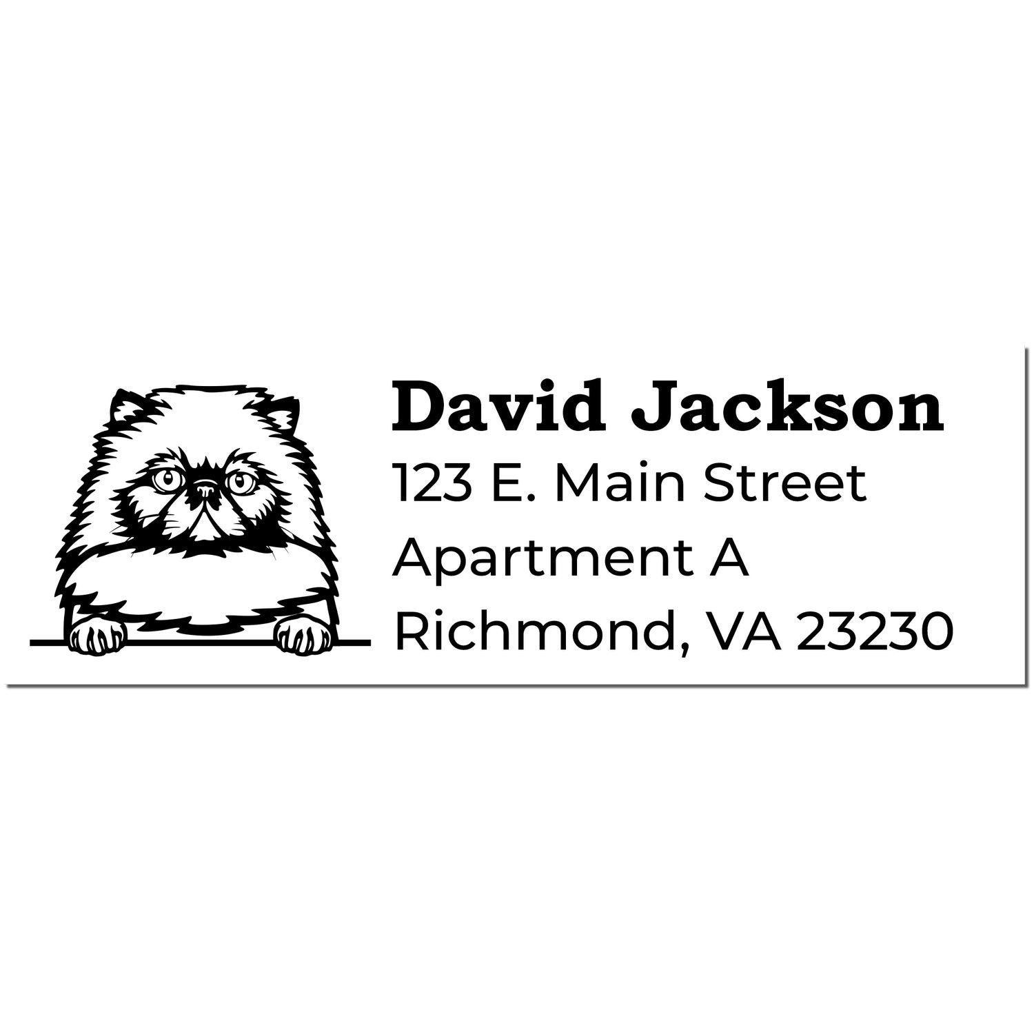 Self-Inking Himalayan Custom Address Stamp featuring a cute Himalayan cat illustration with sample text: David Jackson, 123 E. Main Street, Apartment A, Richmond, VA 23230.