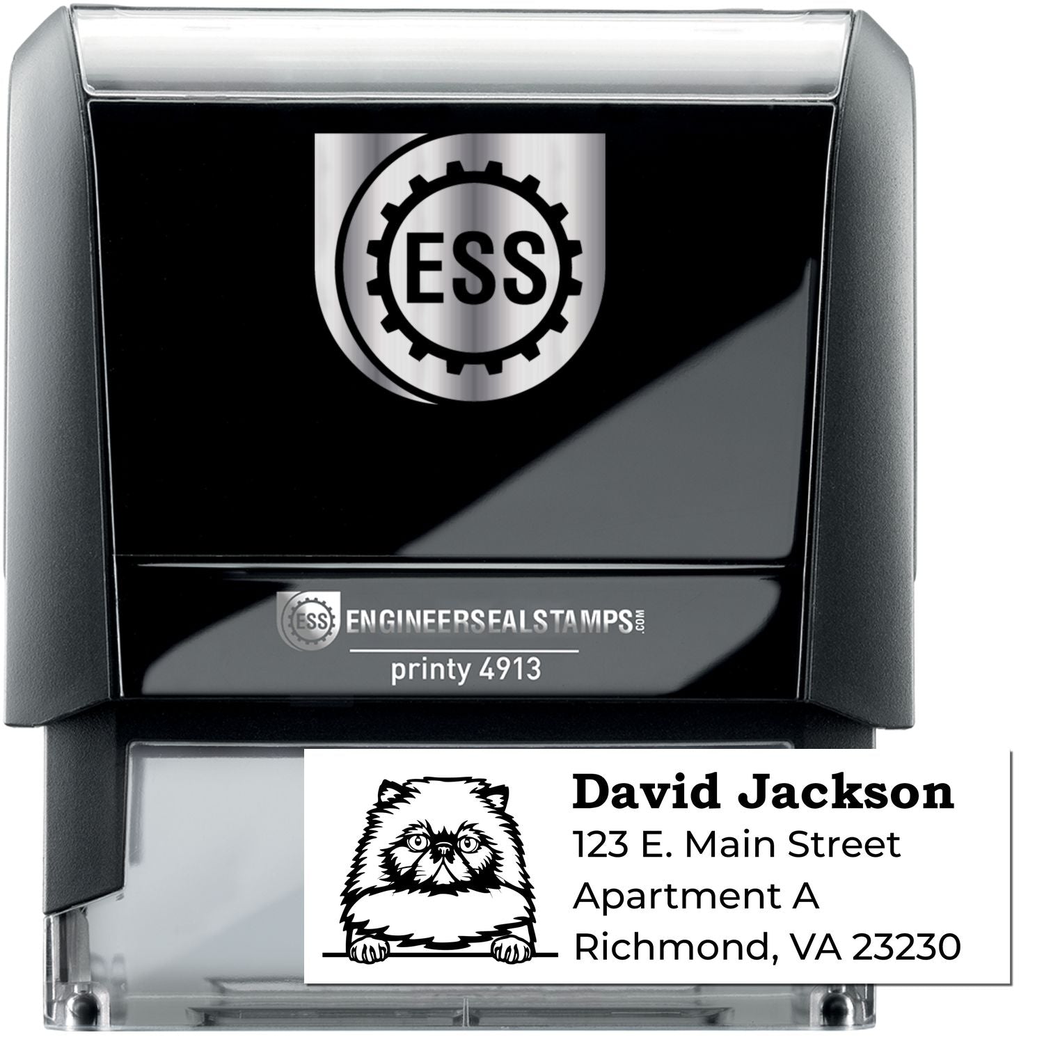 Self-Inking Himalayan Custom Address Stamp with a black casing, featuring a sample address and a Himalayan cat illustration. Ideal for personalized mailings and efficient stamping.