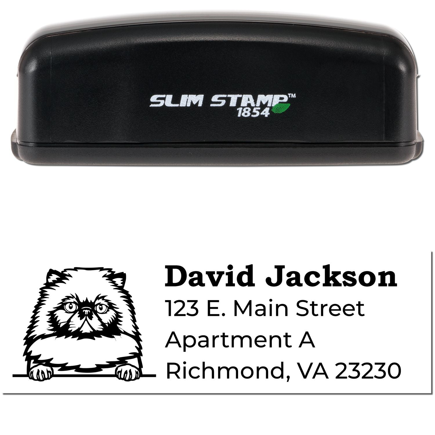 Slim Pre-Inked Himalayan Peeking Cat Return Address Stamp with a black case and a cute cat design next to the address. Perfect for personalizing mail with style and ease.