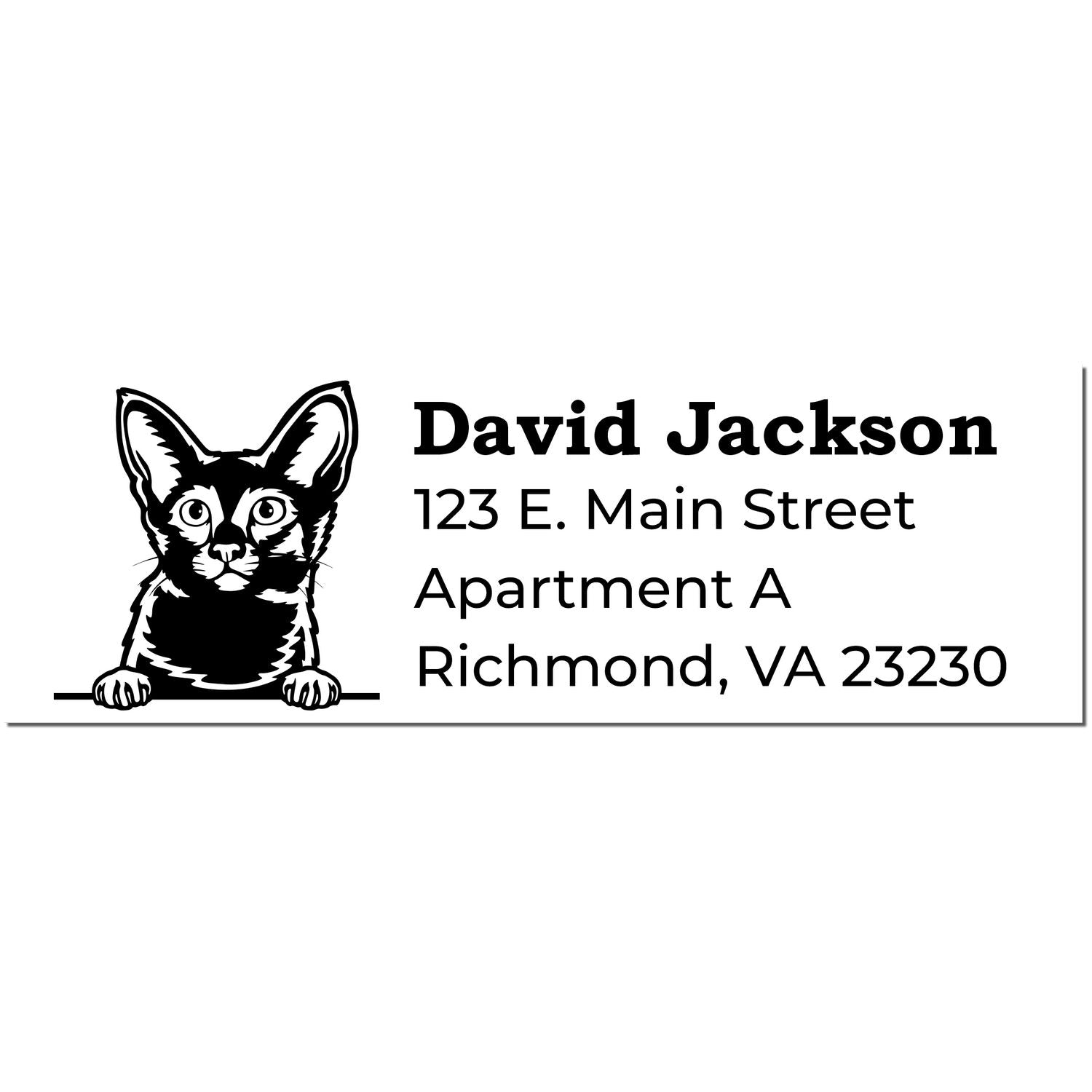 Slim Pre-Inked Javanese Peeking Cat Return Address Stamp featuring a cute cat illustration above the address text. Perfect for personalizing mail with a playful touch.