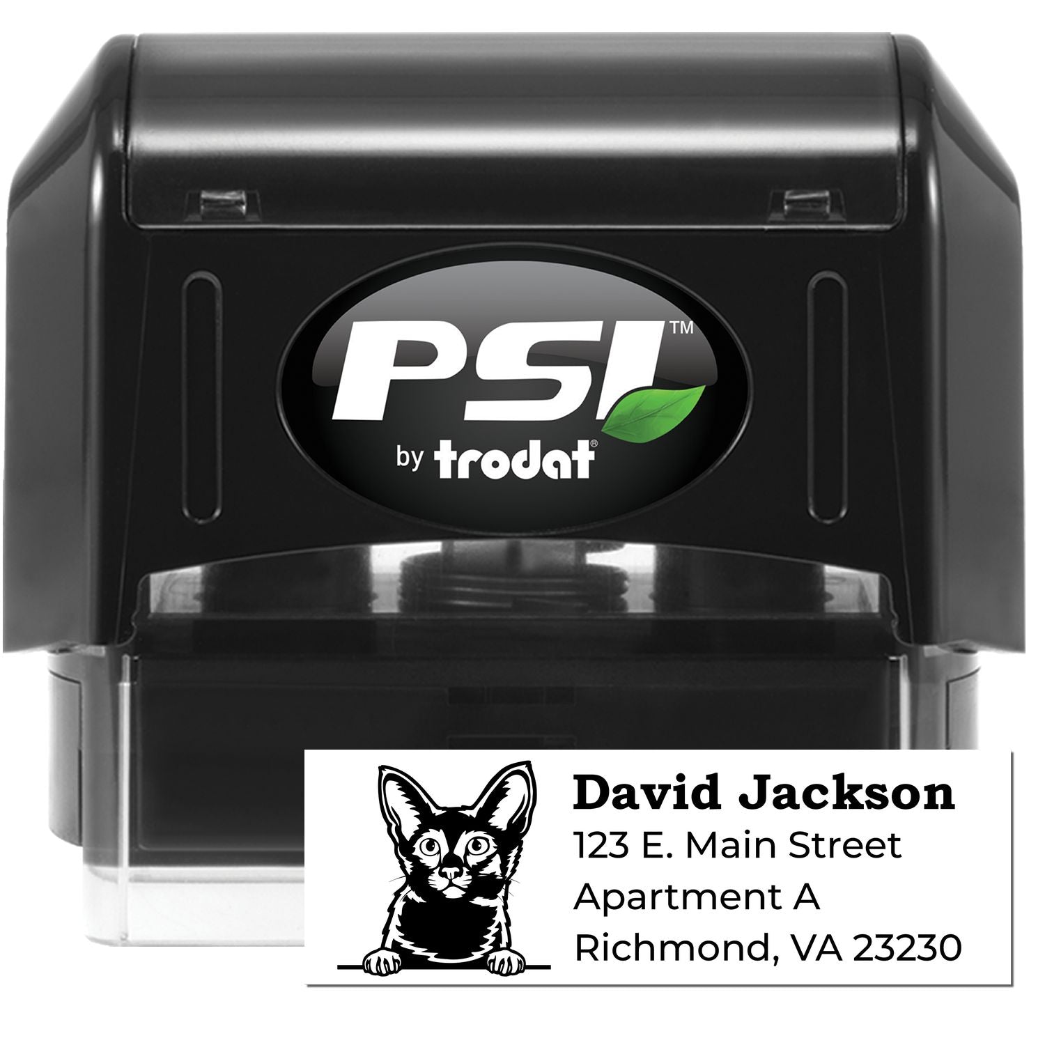 PSI Pre-Inked Peeking Javanese Cat Personalized Address Stamp featuring a black casing and a cute cat illustration. Customizable with name and address, perfect for adding a personal touch to mail.