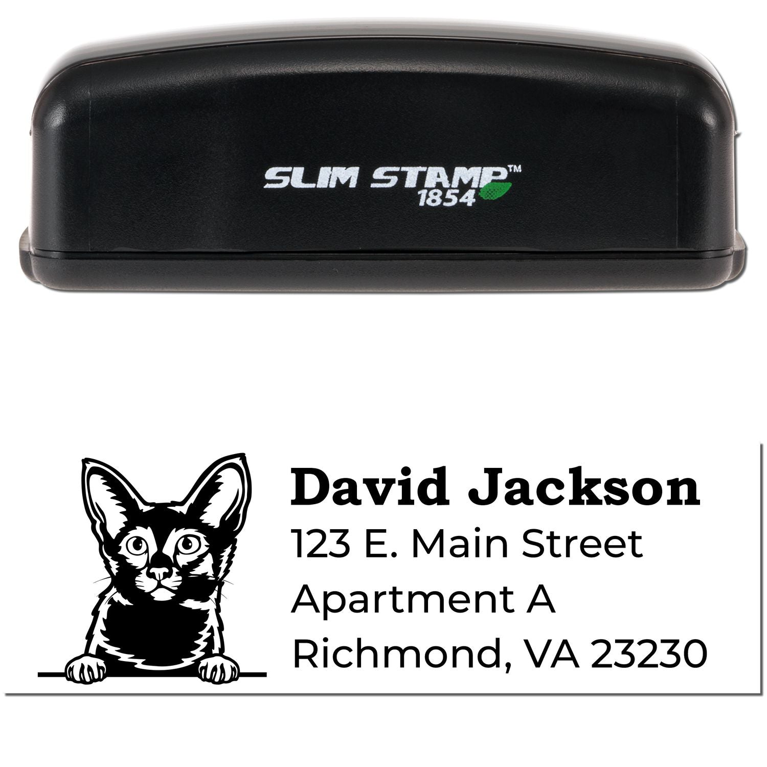 Slim Pre-Inked Javanese Peeking Cat Return Address Stamp with a black casing. Features a cat illustration and customizable address text. Perfect for personalizing mail with style.